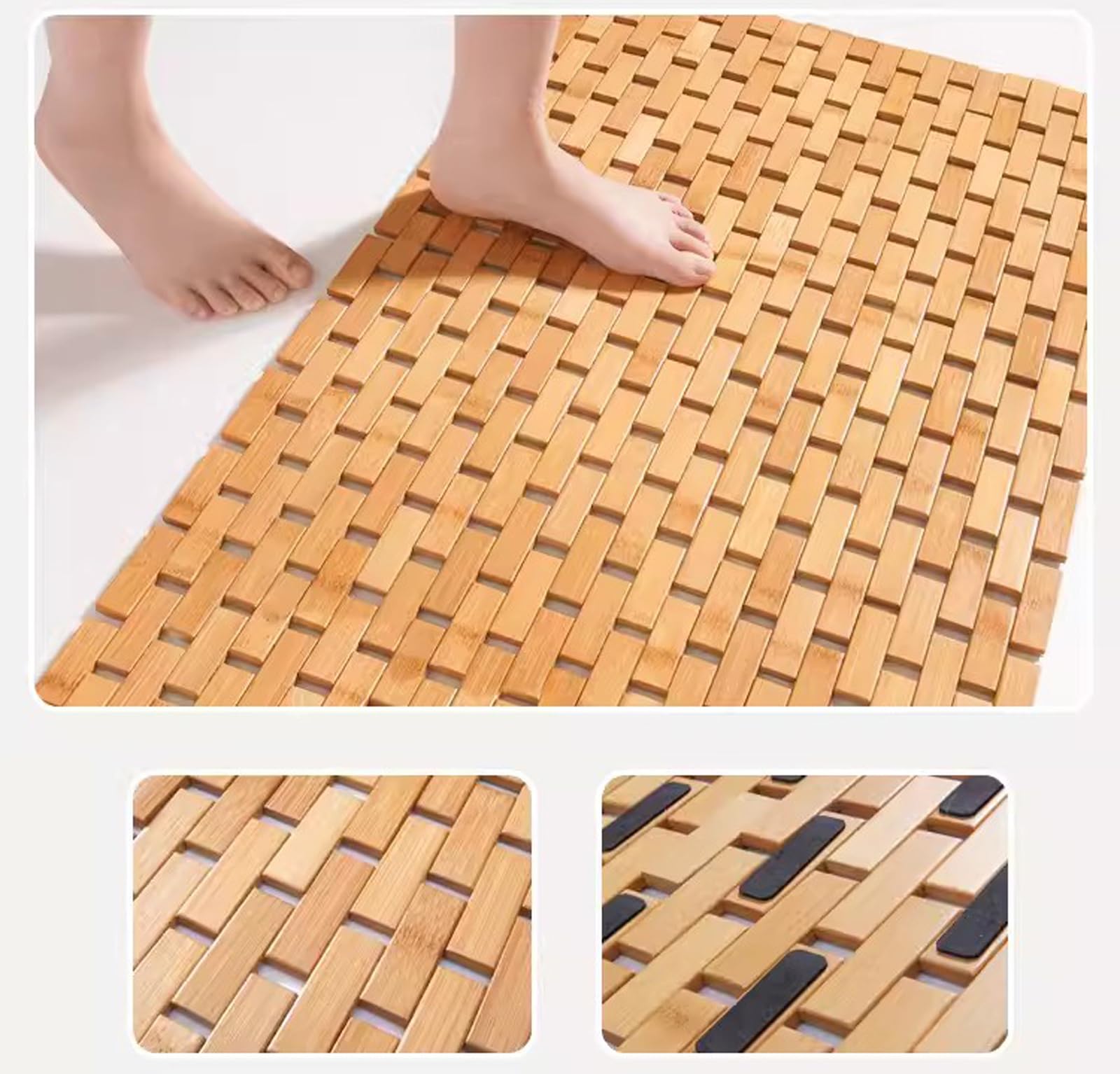 Alfombra de baño de bambú natural, de secado rápido, antideslizante, para ducha, spa, sauna, alfombra de baño de madera ecológica con agujeros de drenaje, no absorbente, duradera, marrón, 60 x 90 cm