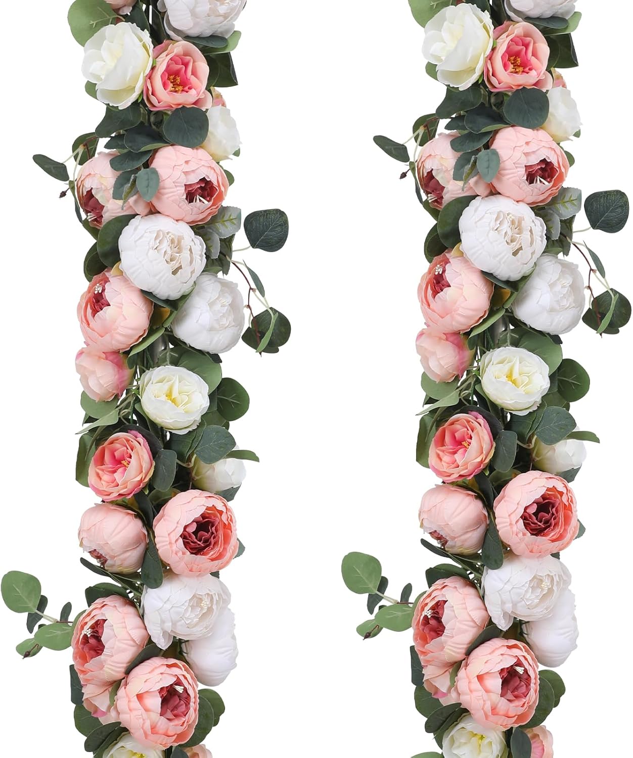 Floweroyal 2 Pack Artificial Flower Garlands 11.2FT Eucalyptus Garlands with Flowers 8 Head Peony Flower Vine Faux Floral Garland for Wedding Arch Table Wall Backdrop Wreath Decoration. (Pink & White)
