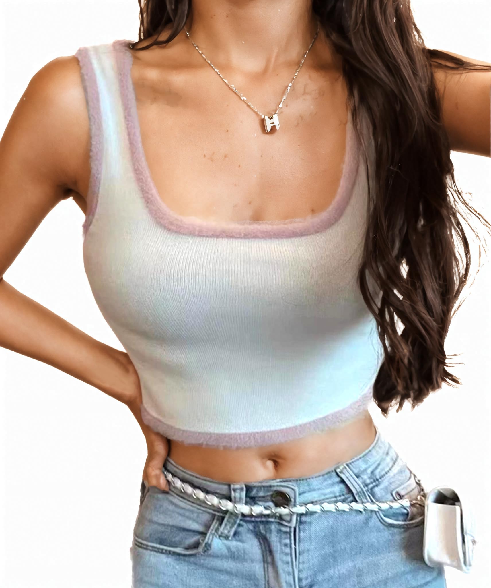 Women 2024 Summer Cute Y2K Fuzzy Tirm Crop Tank Top Coloful Knit Scoop Neck Slim Fit Baby Tee