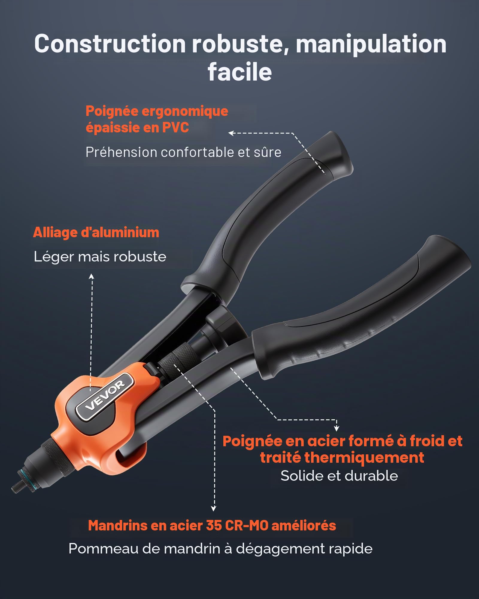 VEVOR Riveteuse Manuelle 34 cm, Kit d'Outils à Riveter Complet, pour Bricoleur Installation et Réparation Maison, Pince à Écrous à Sertir avec 7 Mandrins Métriques et SAE, 70 Écrous, avec Mallette