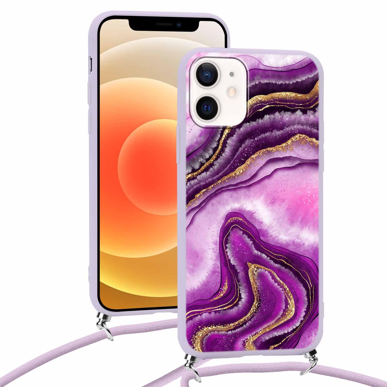 Custodia IPhone 13 Mini Con Cordino – Effetto Marmo Violette, Morbida TPU, Antishock E Tracolla Regolabile