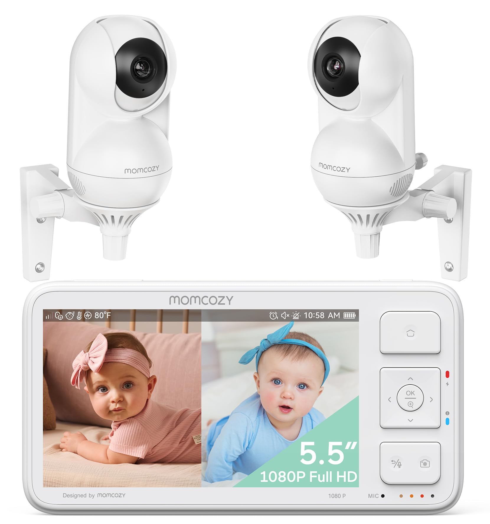 MomcozyBaby Monitor with 2 Cameras 5.5" 1080P Full HD Split Screen Video Baby Monitor with Camera and Audio, No WiFi 5000mAh Battery, ECO, VOX, Clear Night Vision 1640ft Range (SD Card not Included)
