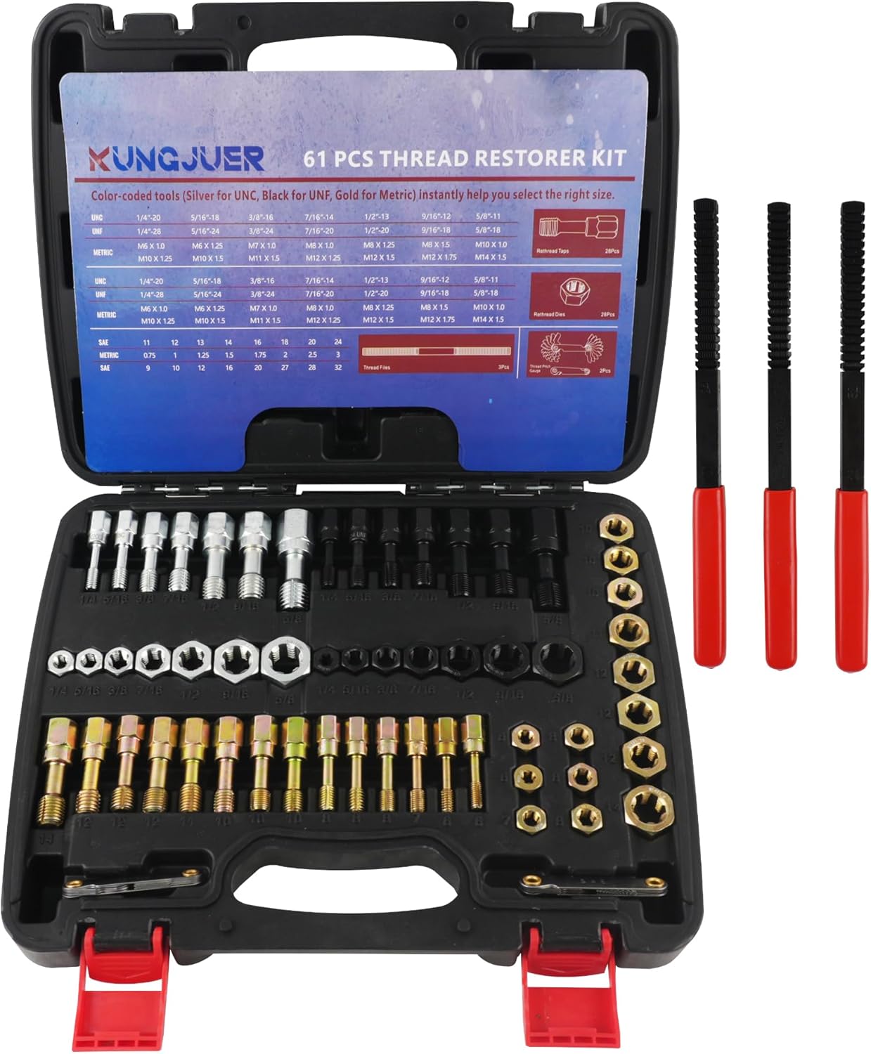 61PCS Master Thread Rethreading Kit，Thread Restorer Tool UNC, UNF & Metric Thread Chaser Set with Thread Pitch Gauge, Designed to Repair or Reshape Damaged Threads on Bolts, Screws, or Nuts