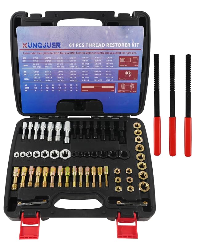 Kit com 61 Peças para Recuperação de Roscas KUNGJUER com Machos, Cossinetes e Lima de Roscas Métrica e UNC/UNF
