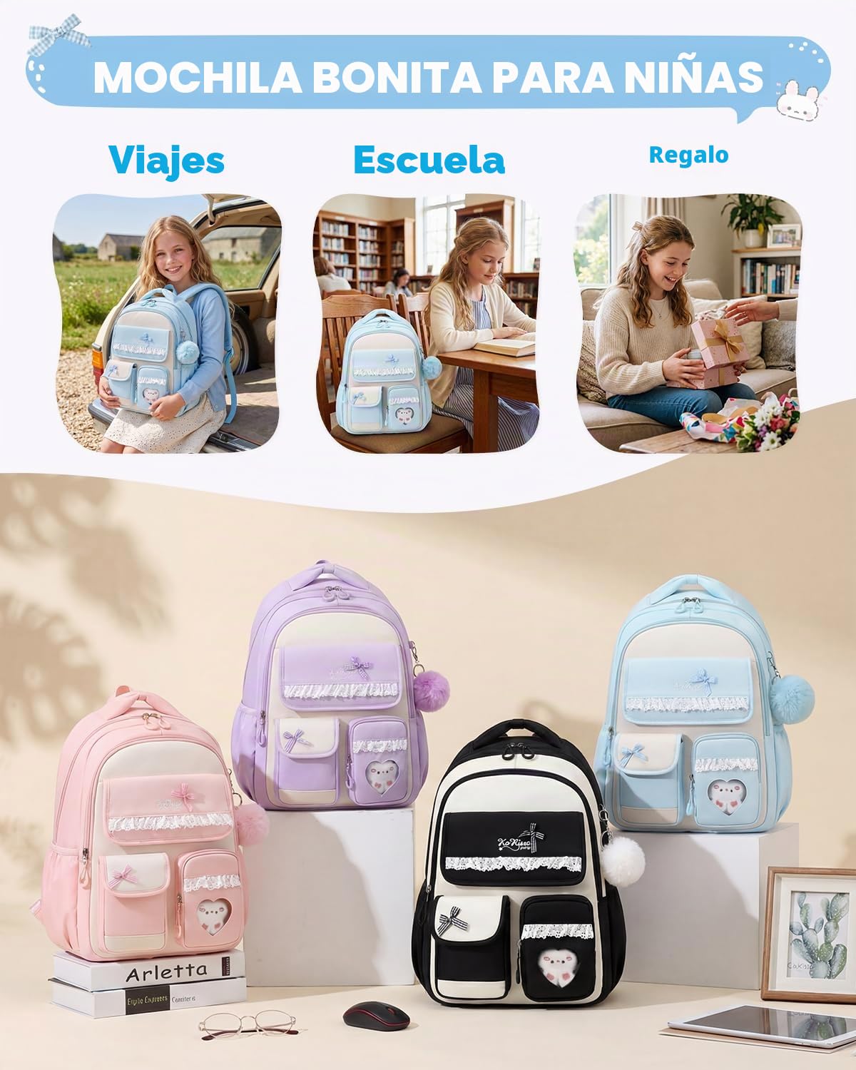 Tanou Mochila Escolar para Niñas 7 a 12 años, 24L Gran Capacidad