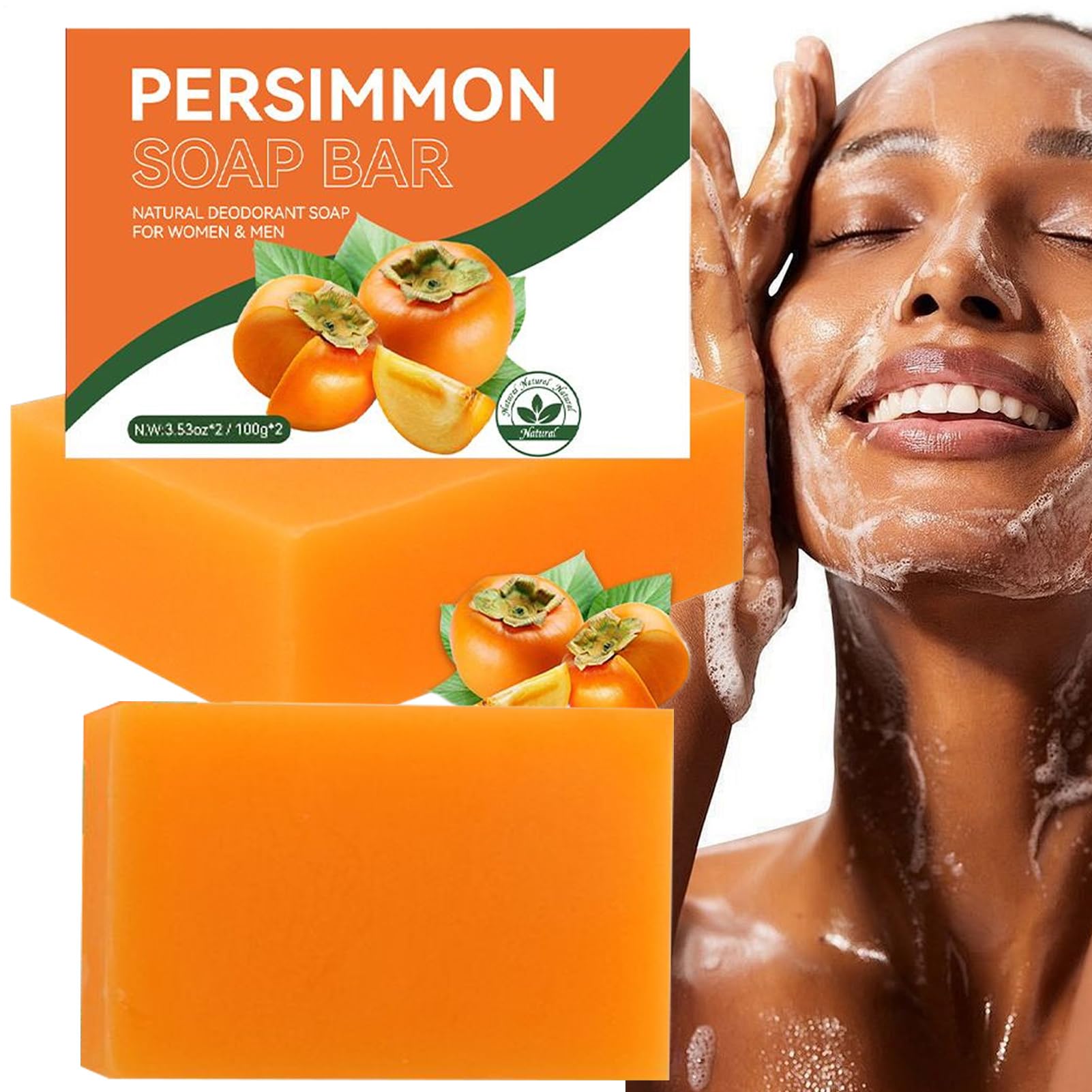 Naturalne mydło persimmon 2 x 100 g, rozjaśniające skórę mydło do mycia ciała z naturalnym neutralizującym zapachy, dla kobiet i mężczyzn, delikatne czyszczenie