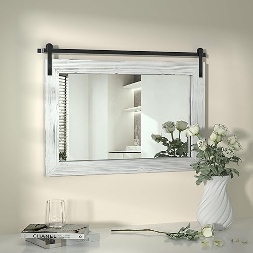 Miniatura 3 de COGOOD Espejo de puerta de granero de granja, 25 x 18 pulgadas, espejo decrativo con marco de madera rústica para baño, sala de estar, decoración de