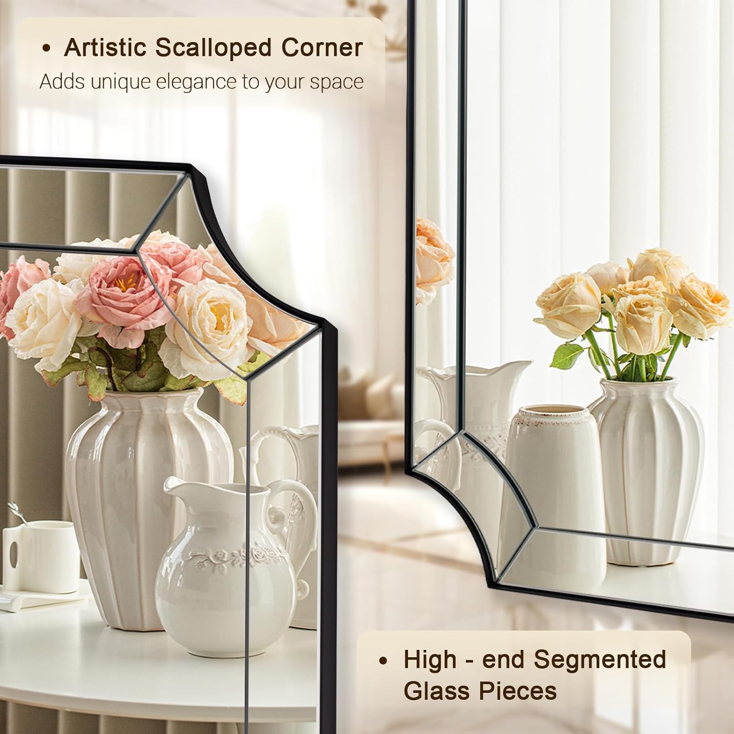MOON MIRROR 24x36 Scalloped Bathroom Mirror, Black Rectangle Wall Mirror with Scallop Edge, Anti-Rust Curved Wall Mirror, Unique Design Ideal for Bathroom Remodel, Wall Mounted Horizontal & Vertical