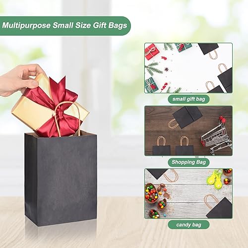 Miniatura 5 de 100 bolsas de regalo pequeñas negras a granel, 5.25 x 3.75 x 8 pulgadas, bolsas de regalo de papel kraft con asas