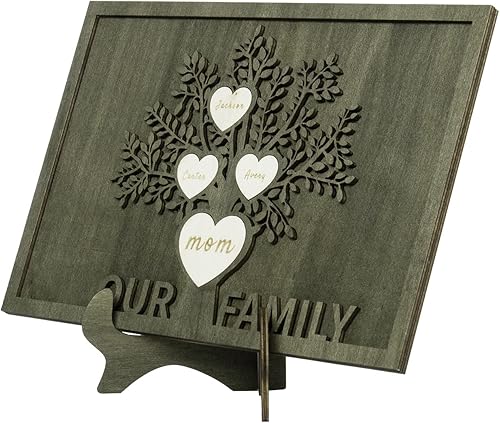 Vista 24 de Árbol genealógico con etiqueta de corazón, placas de madera grabadas personalizadas, regalos personalizados para madres, padres, escritorio, nombres