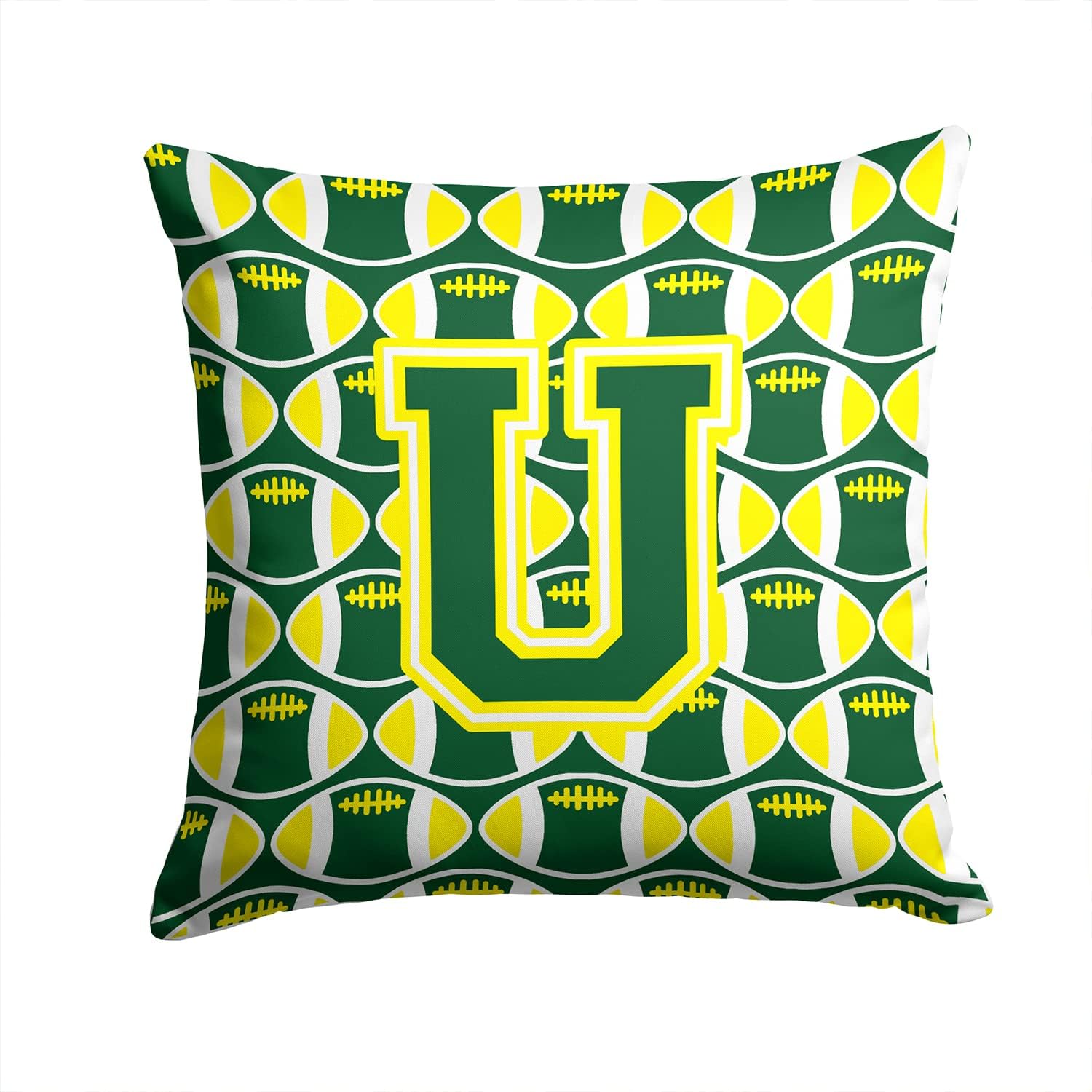 Caroline's Treasures CJ1075-UPW1414 Letter U Football Green and Yellow Fabric Decorative Pillow Machine Washable, Indoor Outdoor Decorative Pillow for Couch, Bed or Patio, 14Hx14W