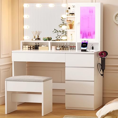ERLEJIA Vanity Desk with LED Lights Mirror, 35.43" Modern Makeup Table with 6 Storage Drawers & Stool for Ladies and Girls, RGB Light Makeup Desk with Power Outlet for Bedroom Dressing Room, White