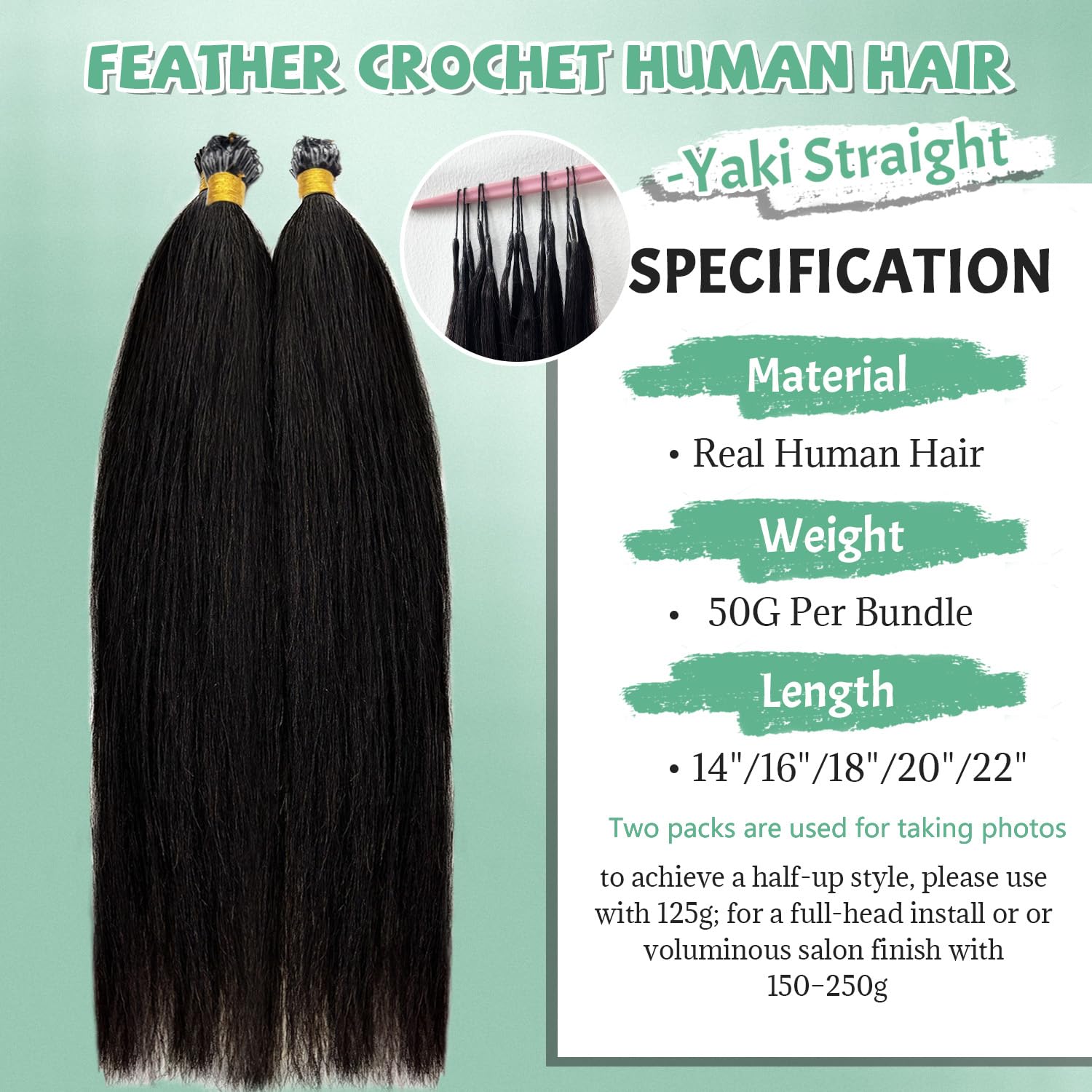 Licoville Human Crochet Hair 20 Inch 50G Soft Natural Knotless Yaki Straight Feather Crochet Extensions 100% Burmese Real Human Hair Light Yaki Straight Crochet Hair for Black Women #1B Natural Color