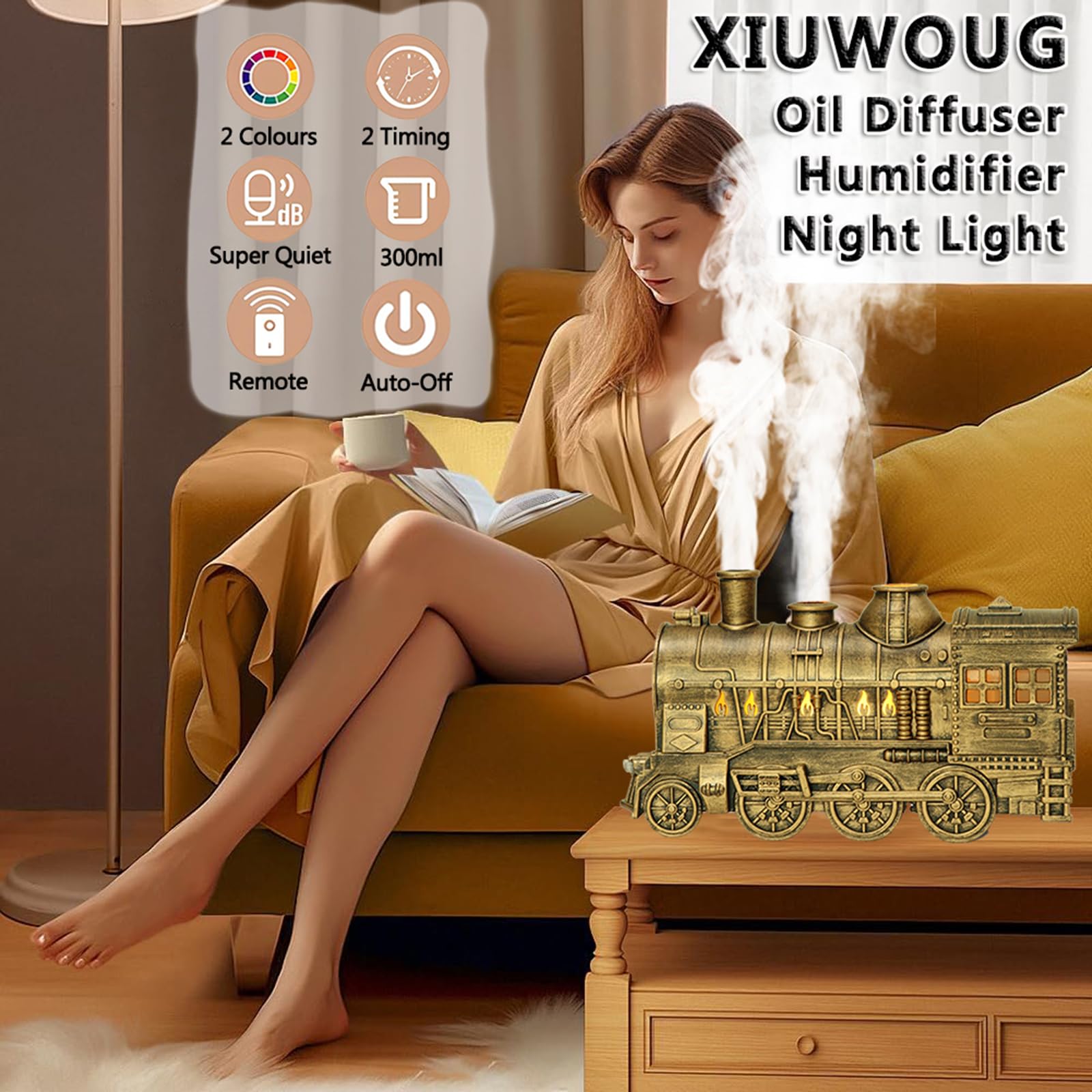 Diffusore di Oli Essenziali, Diffusore di Aromi Umidificatore a Nebbia Fredda ad Ultrasuoni 300 ml, con Telecomando, 2 Colori LED, Timer, Spegnimento Automatico, Silenzioso,Ottone