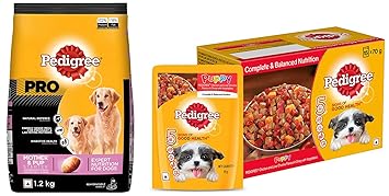 Pedigree PRO Expert Nutrition Lactating/Pregnant Mother & Pup (3-12 Weeks), 1.2kg Pack & Puppy Wet Dog Food, Chicken and Liver Chunks Flavour in Gravy with Vegetables, 15 Pouches (15x70g)
