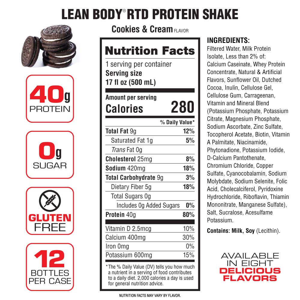 Lean Body ReadytoDrink Cookies and Cream Protein Shake, 40g Protein