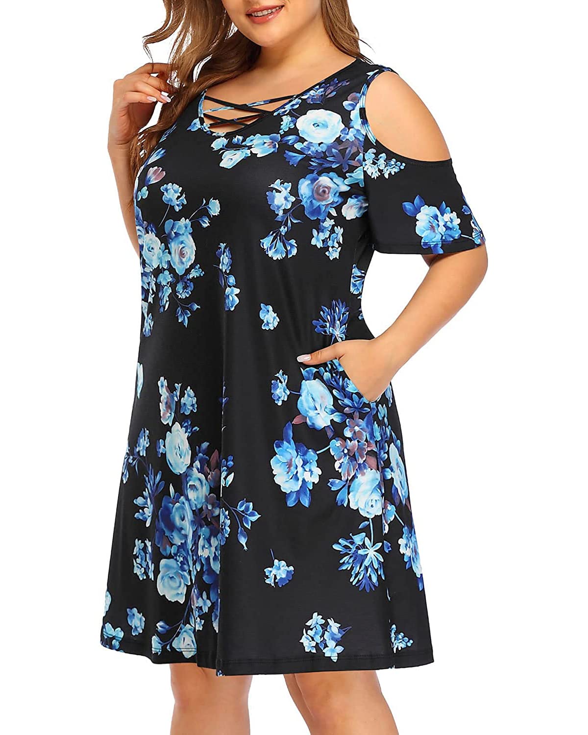 Women's Plus Size Sun Dress Cold Shoulder Casual T-Shirt Knee Length Sundresses with Pockets