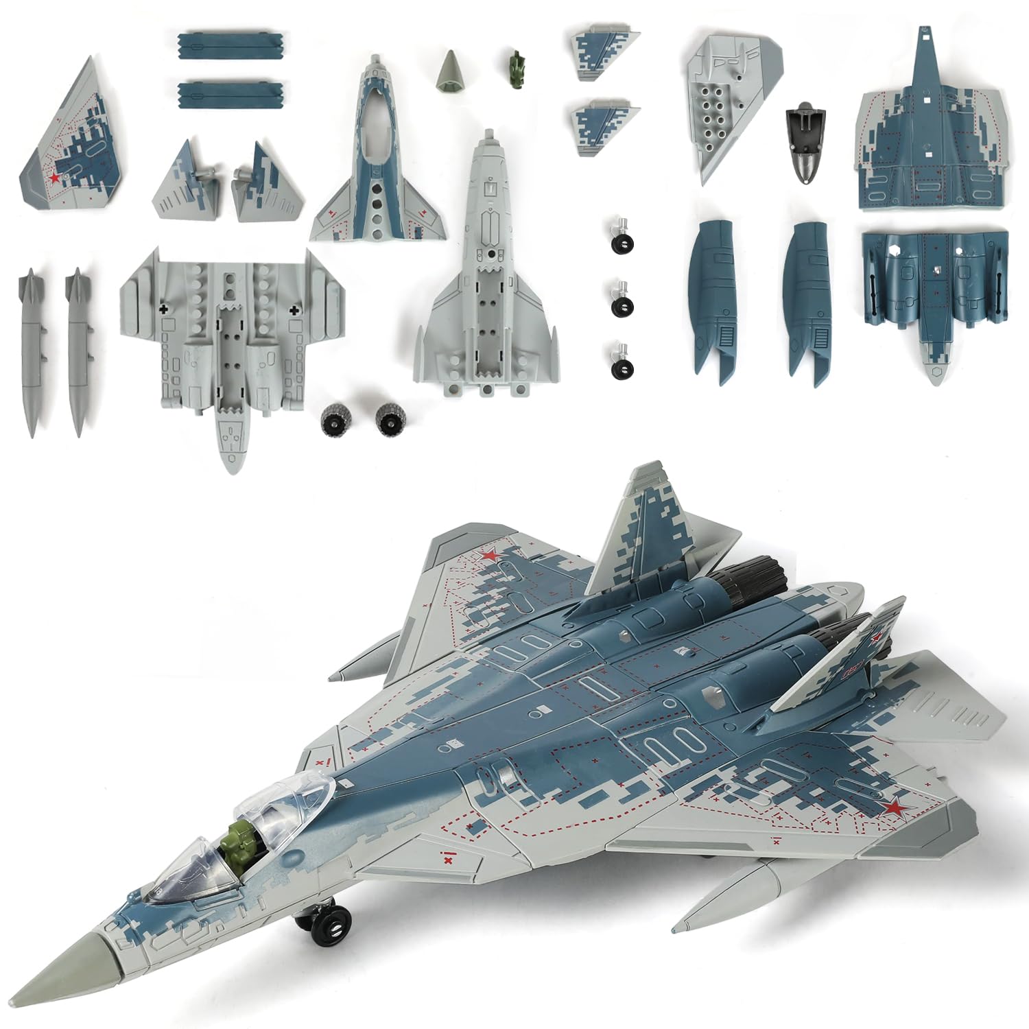 1/72 Scale SU-57s Military Aircraft Toy Quick Build Model Kits Russian Fifth Generation Stealth Multipurpose Fighter Plastic Building Airplane Model Kit for Gift and Collection (31 Pieces)