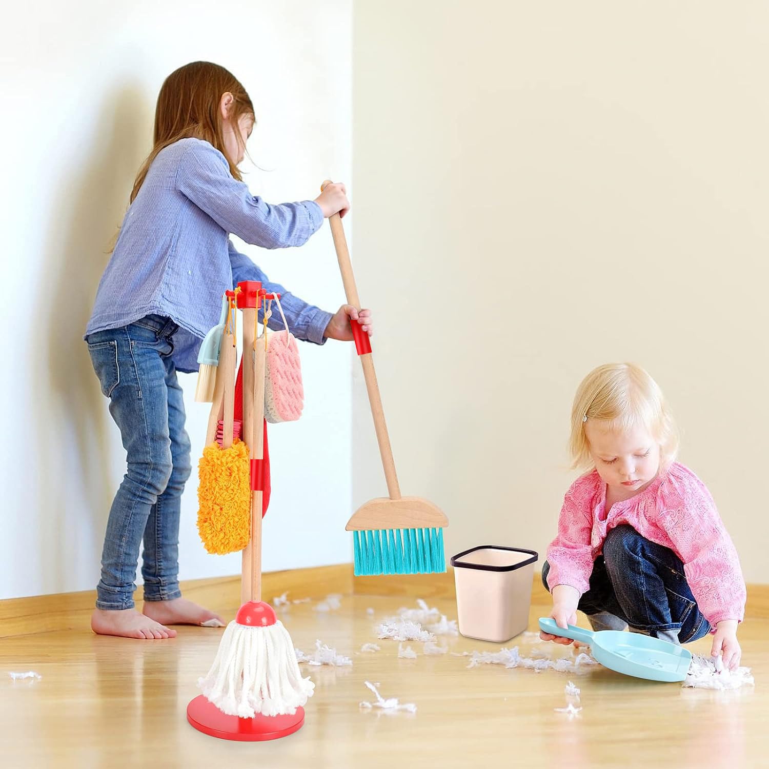 WHOHOLL Kids Cleaning Set for Toddlers, Tool Set Gift for Girls & Boys, 9 Pcs Really Working Wooden Detachable Housekeeping Kit 4