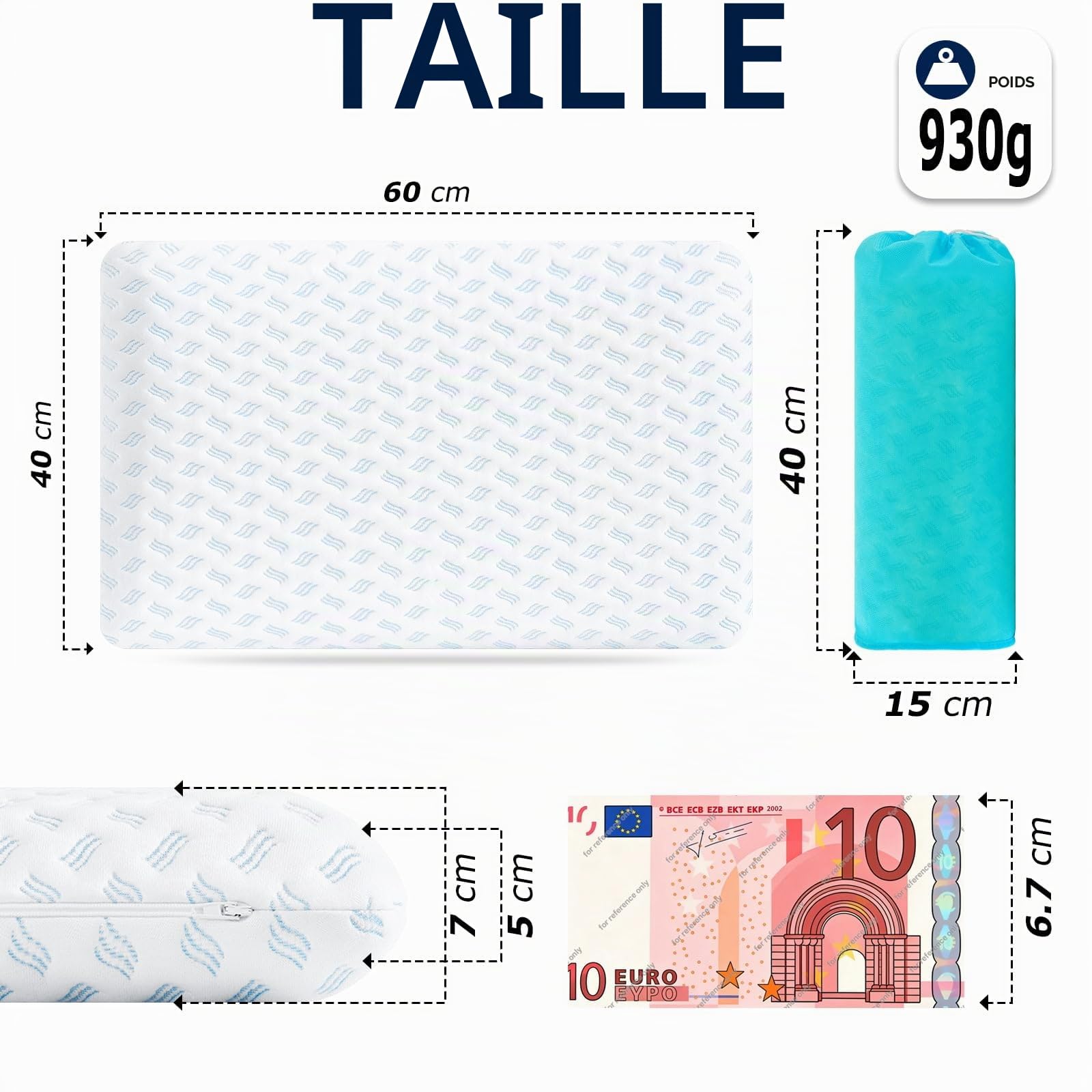 Oreiller en mousse à mémoire de forme, super fin, 40 x 60 x 7 cm, doux pour un sommeil réparateur, avec sac pour les voyages, le yoga, la méditation, avec housse lavable