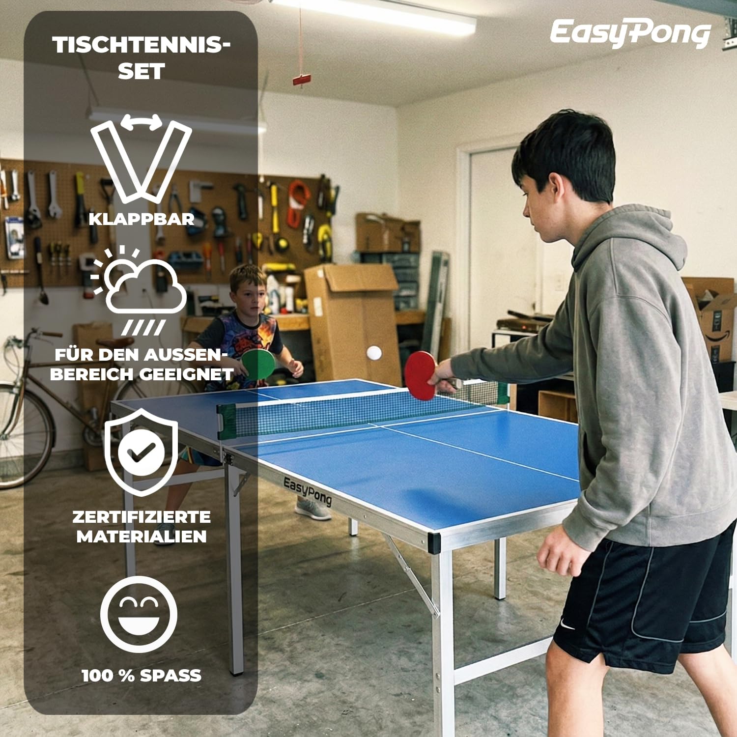 EasyPong® | Tischtennisplatte Blau | 182x91 cm | Premium Qualität | Leicht zu transportieren | Stabil | Ideal für Outdoor & Indoor | 2 Schläger + 4 Bälle | 100% Fun | OriginalCup®