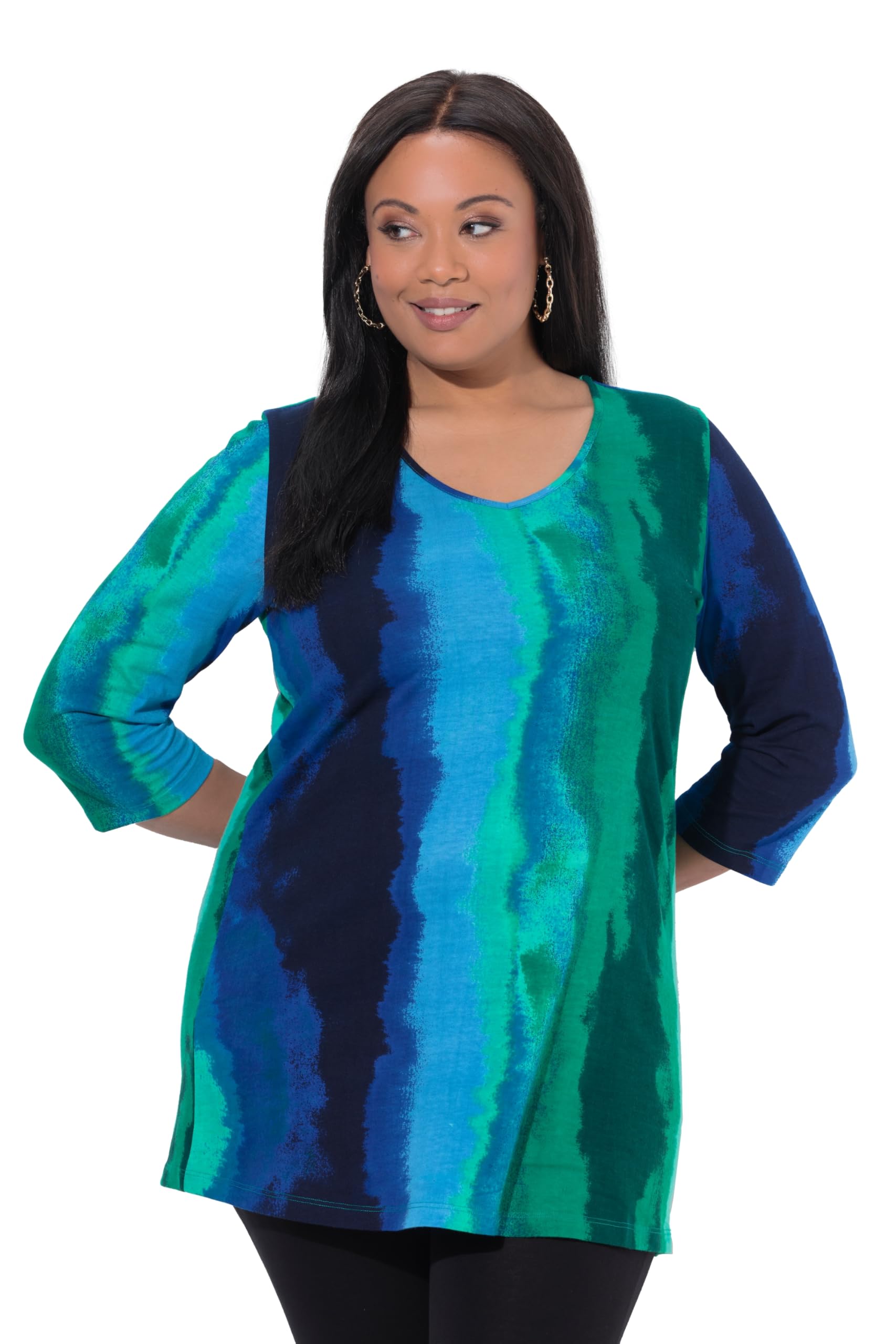 Ulla Popken Damen große Größen Übergrößen Plus Size Longshirt, Batikdruck, A-Linie, V-Ausschnitt, 3/4-Arm 847120