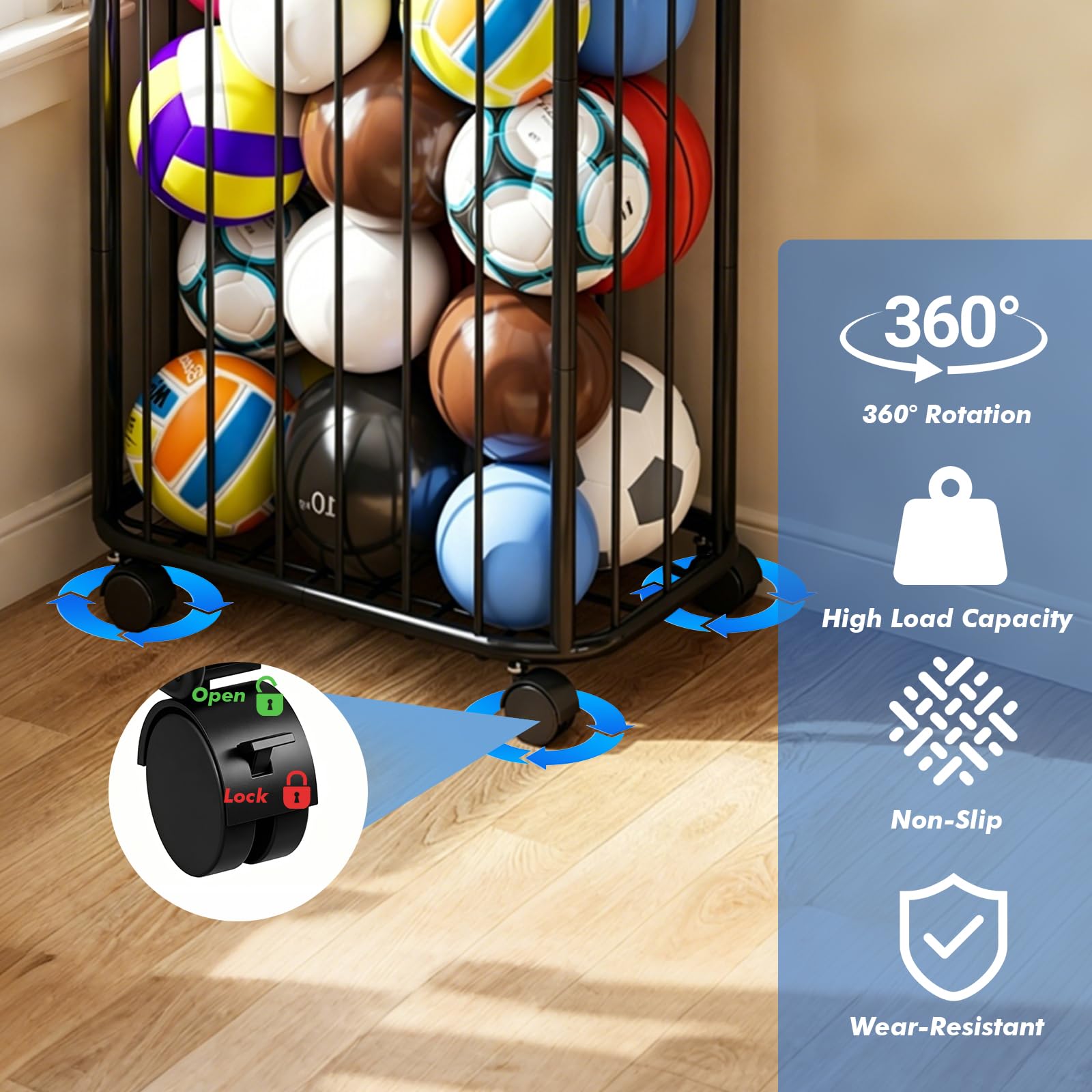 Basketball Aufbewahrungsregal, Vertikale Ball Aufbewahrung Garage, Ballständer mit Rädern & elastische Bänder, Indoor und Outdoor Ballaufbewahrungsregal für Basketball, Fußball, Volleyball, Schläger