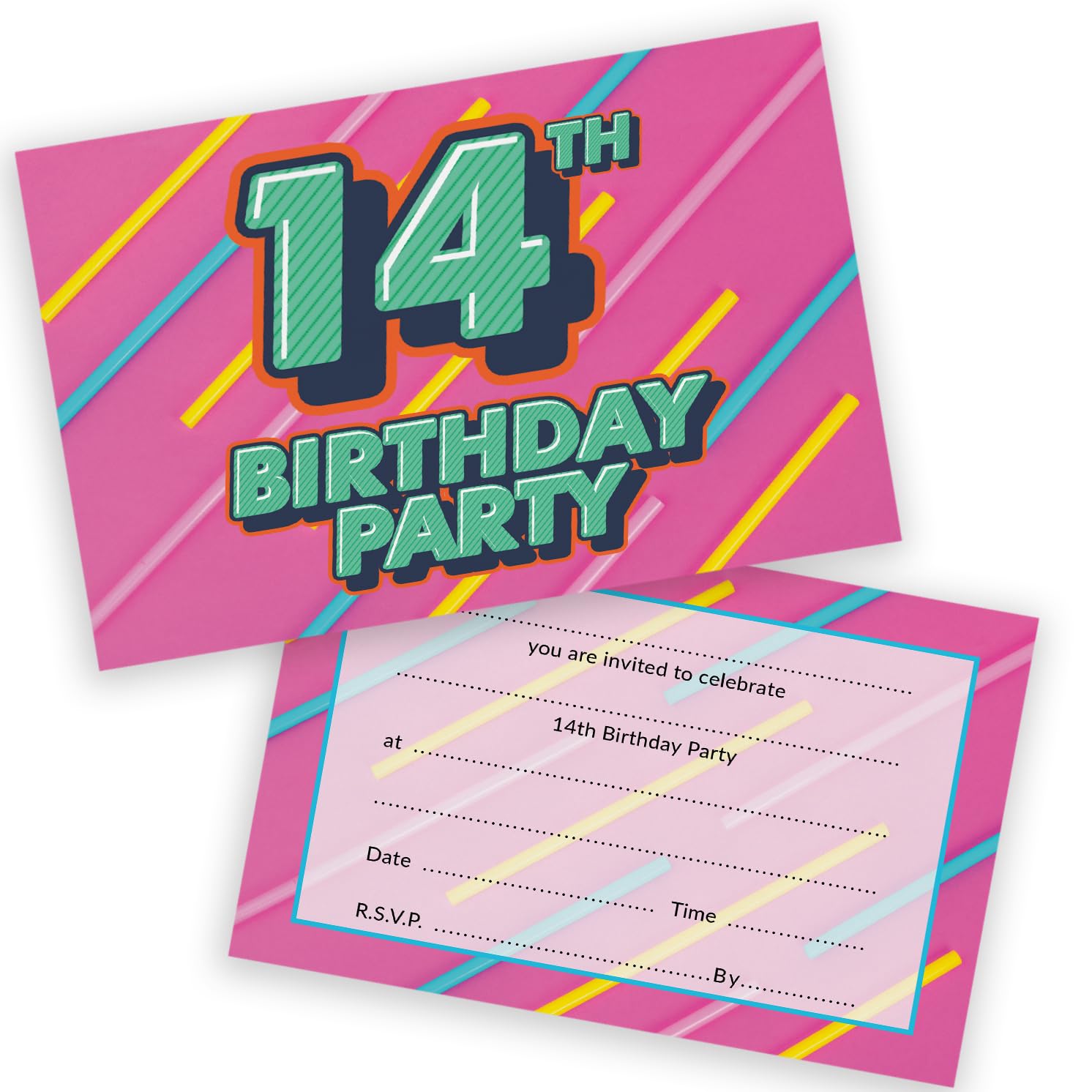 14th Birthday Party Invitations Teenager - Funky Colours 36 Pack - Childrens Birthday Invitations for Boys/Girls A6 Bday Party Invites Invitation Cards with Folding Envelopes