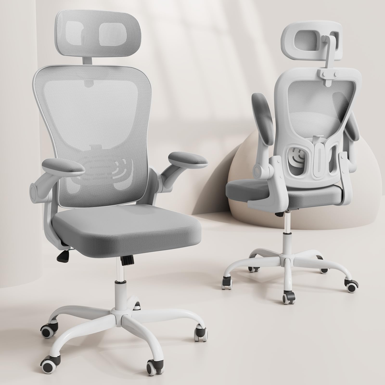 Photo 1 of Ergonomic Office Chair, High Back Home Desk Chair with Adjustable Lumbar Support and Headrest, Breathable Mesh Swivel Task Chair, White Executive Computer Chair, 1 Pack Grey