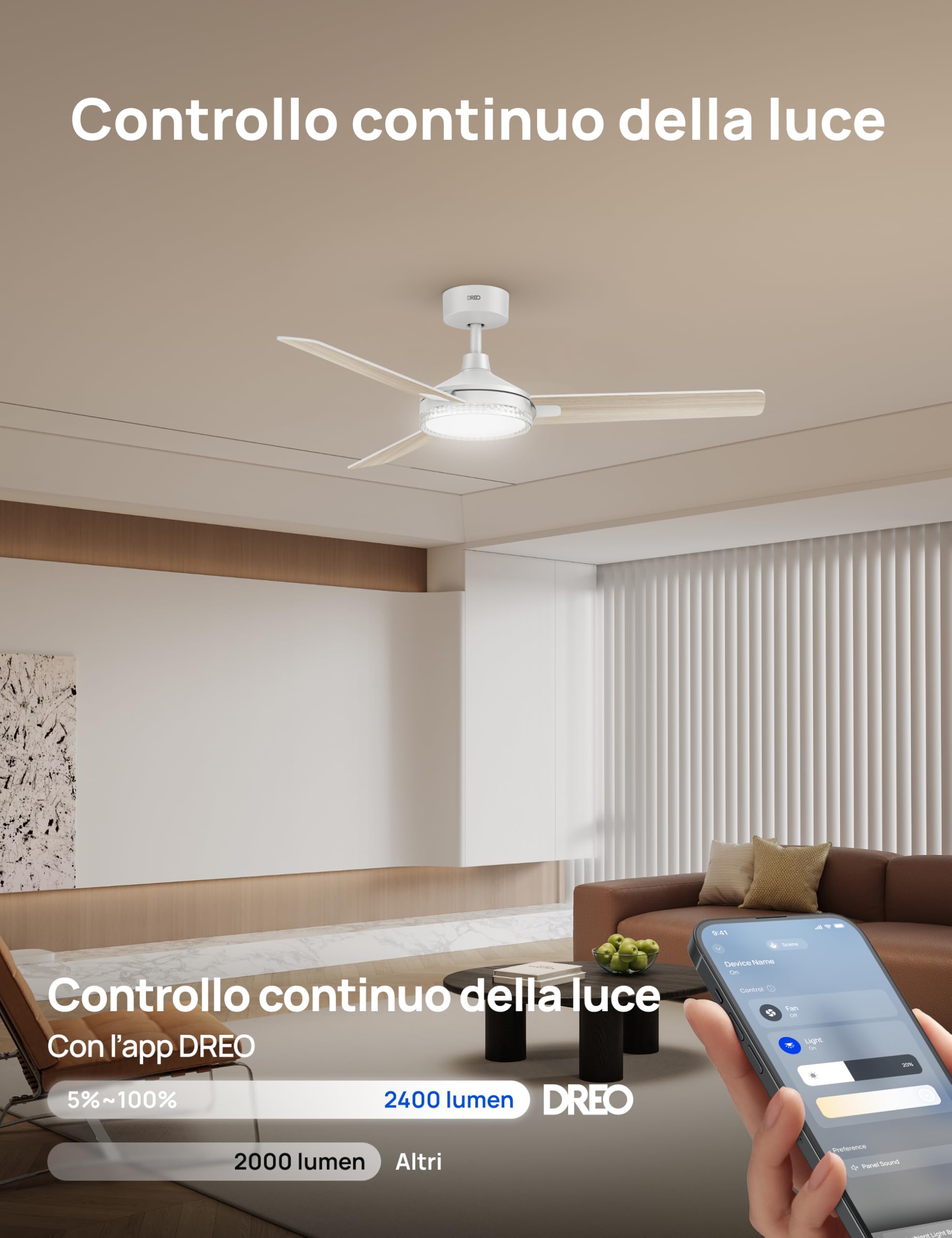 DREO ventilatore da soffitto smart 132 cm con luce, 12 velocità e 3 modalità, temperatura regolabile, LED dimmerabile, timer 1–12 h, motore CC silenzioso, app, Alexa e interruttore, bianco