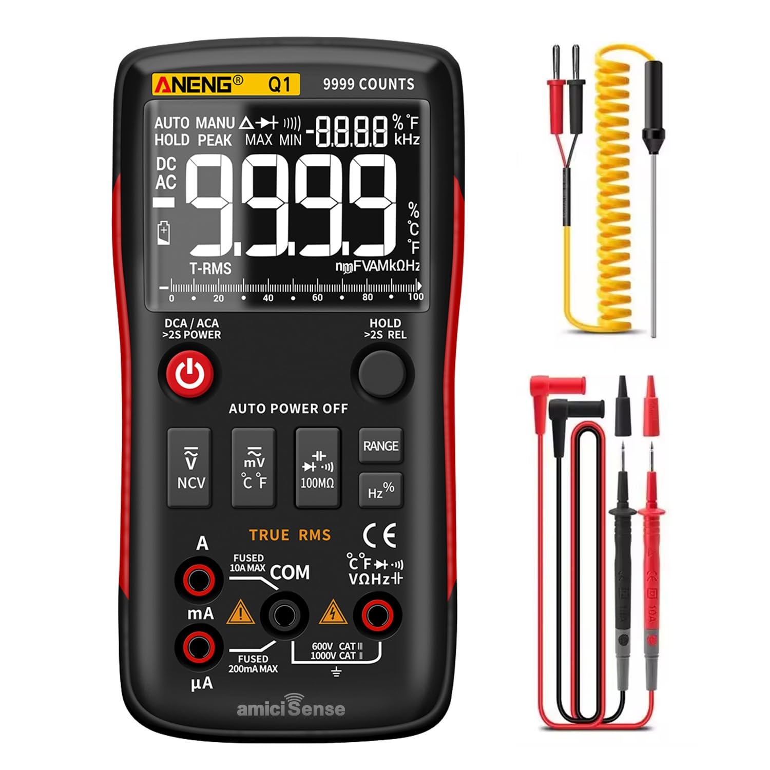 amiciSense True-RMS Digital Multimeter Button 9999 Counts With Analog Bar Graph AC/DC with 2 x AA Batteries, Battery Powered-image-40