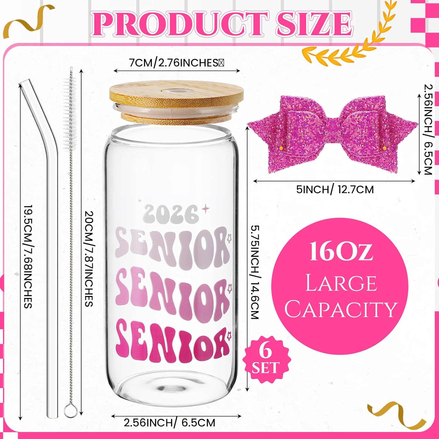 Hushee 6 Set Class of 2026 Senior Night Gifts 16 oz Glass Water Bottle with Lids Straws Glitter Bow Straw Topper Senior 2026 Tumbler Graduation Gift for Her Women Team Coach Player (Pink)