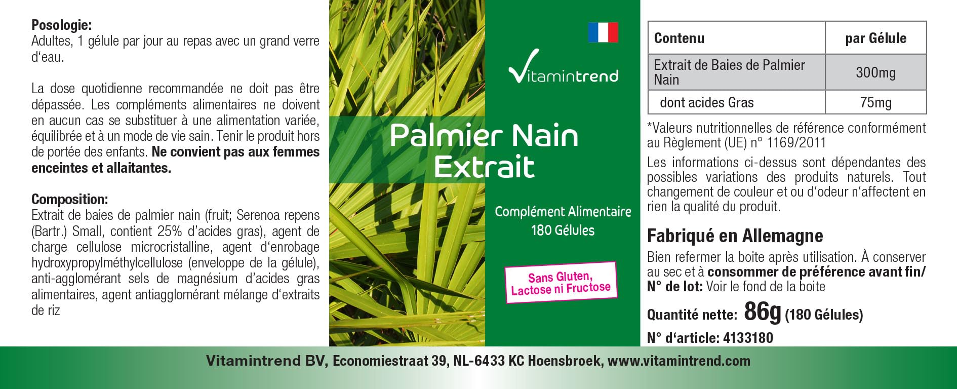 Vitamintrend Extracto de palma enana americana 300 mg, 180 cápsulas, fácil de tragar, complemento alimenticio vegano sin estearato de magnesio, fabricado en Alemania