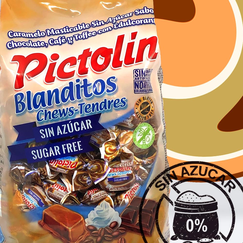 Pictolín Masticable Tofee, Chocolate y Café sin azúcar - Caramelos masticables sin azucares con edulcorantes sabor toffee, chocolate y café - Bolsa de 1 kg