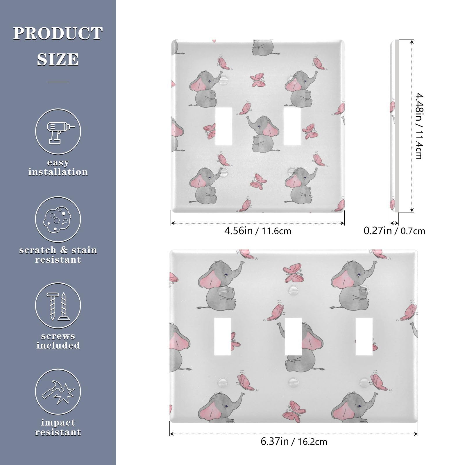 YYZZH Cute Elephant Baby Play With Butterfly Animal Print On White Double Toggle Switch Cover Switch Plate Light Outlet Wall Plate Decoration Wallplate Cover