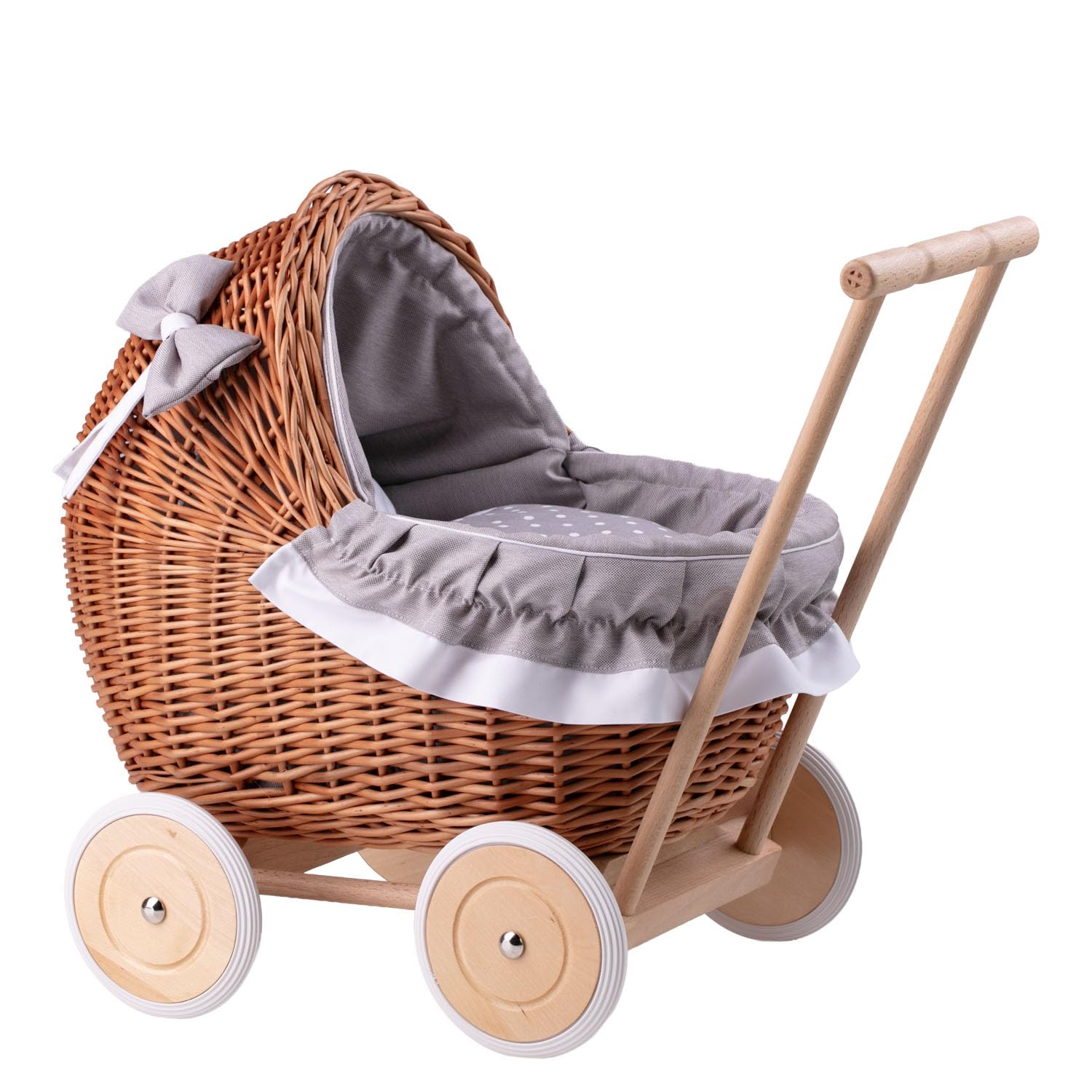 Korbpuppenwagen mit Holzuntergestell – Vintage-Stil, wunderschöne Dekoration für Fotoshootings Sammler-Puppenwagen aus Weide (Grau1)