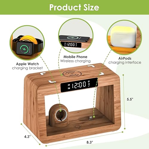 Miniatura 4 de Estación de carga inalámbrica de bambú, luz nocturna con despertador digital, estación de carga de mesita de noche para dispositivos Apple, cargador