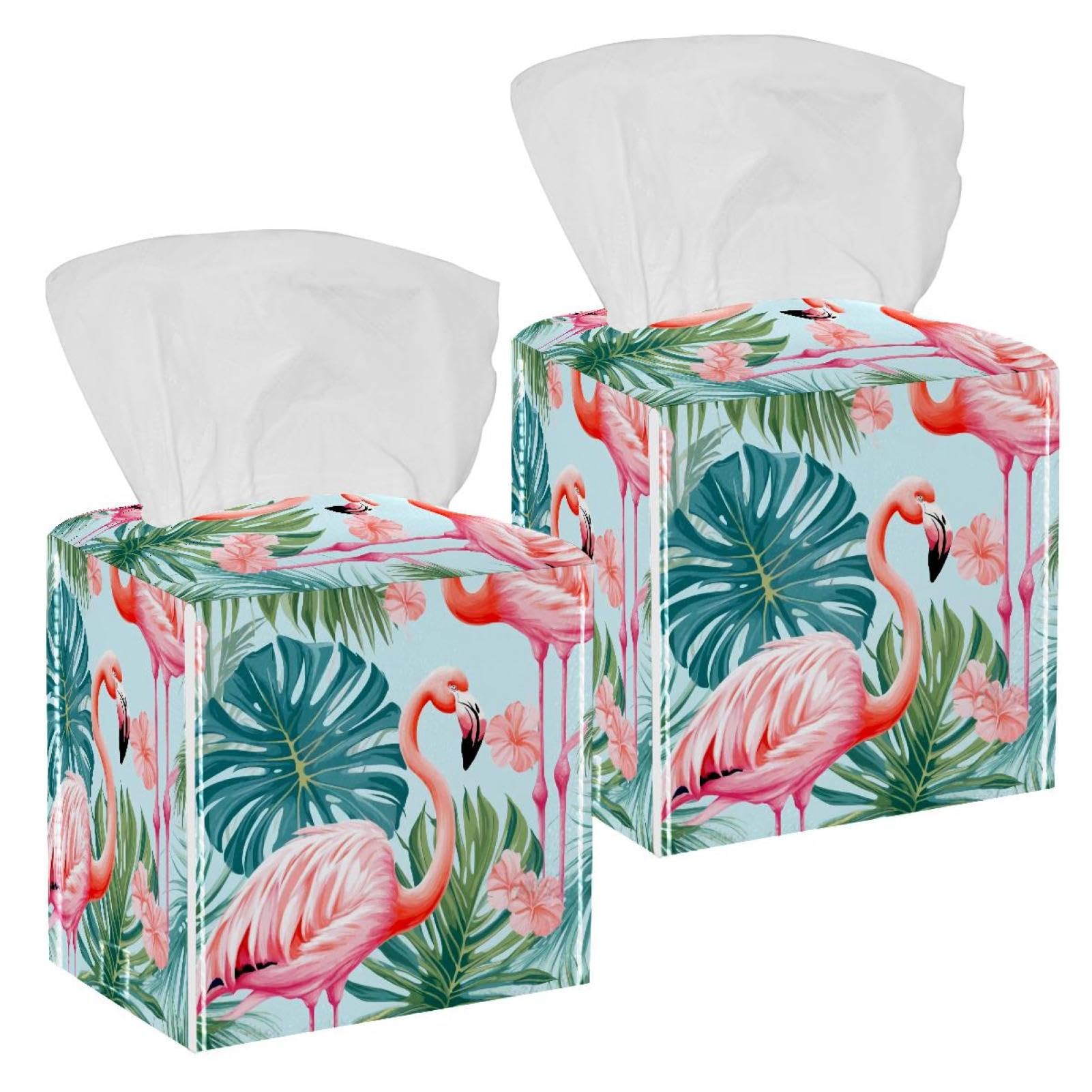 Flamingo Tissue Box Cover, 2 Pack PU Leather Square Facial Tissue Dispenser Box holder for Home Office Car