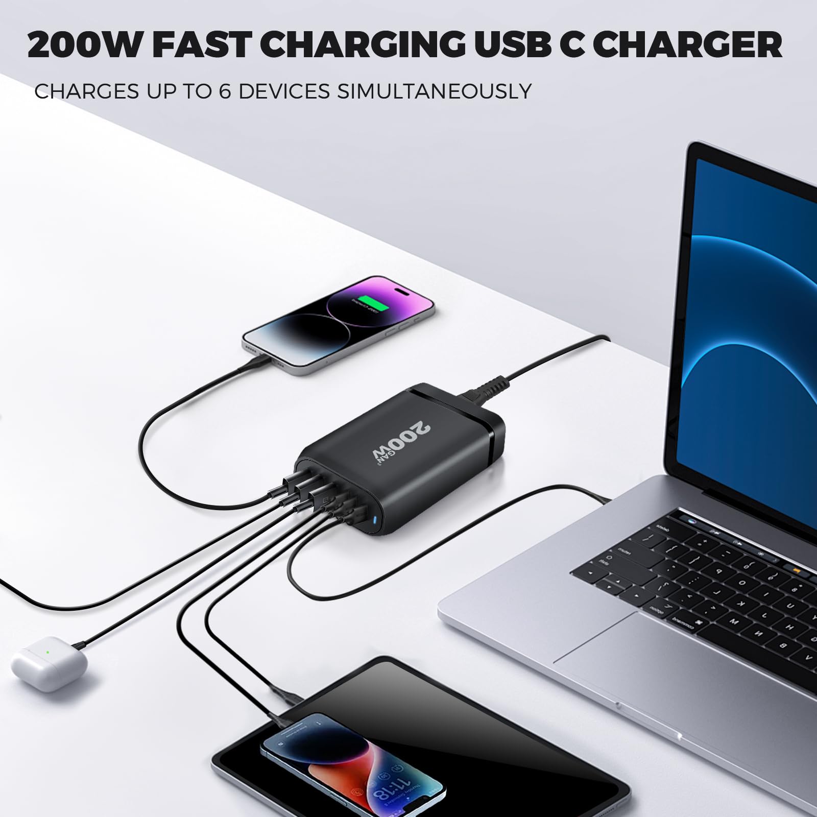 200W Caricatore USB C Multiplo, 6-Port Caricatore Multiplo USB C,100w Laptop Caricabatterie PPS PD QC Alimentatore GaN, Stazione di Ricarica USB Multipla per MacBook,Samsung,iPhone,Huawei