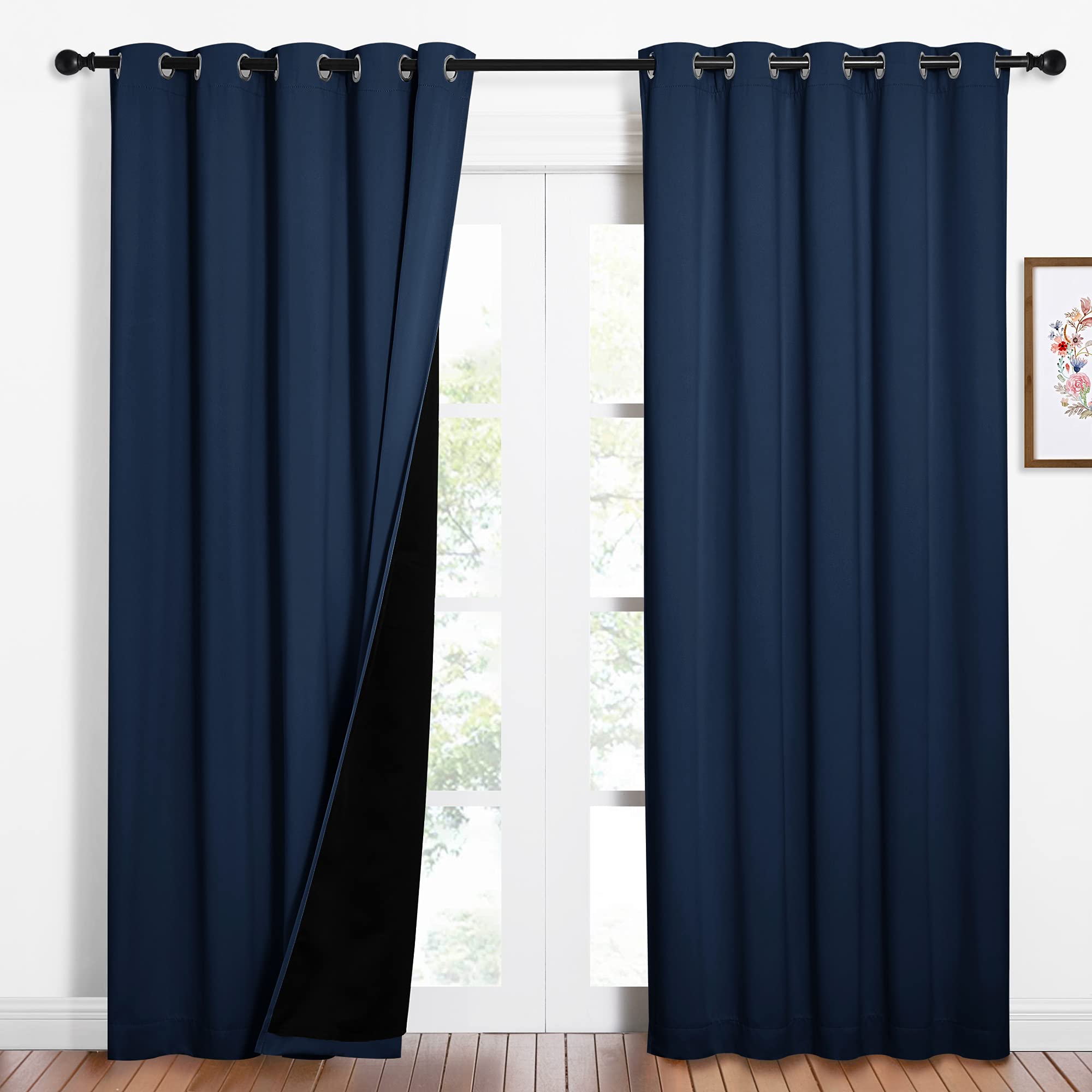 NICETOWN 100% Blackout Curtain Set, Thermal Insulated &amp; Energy Efficiency Window Draperies for Guest Room, Full Shading Panels for Shift Worker and Light Sleepers, Navy Blue, 62W x 84L, 2 PCs