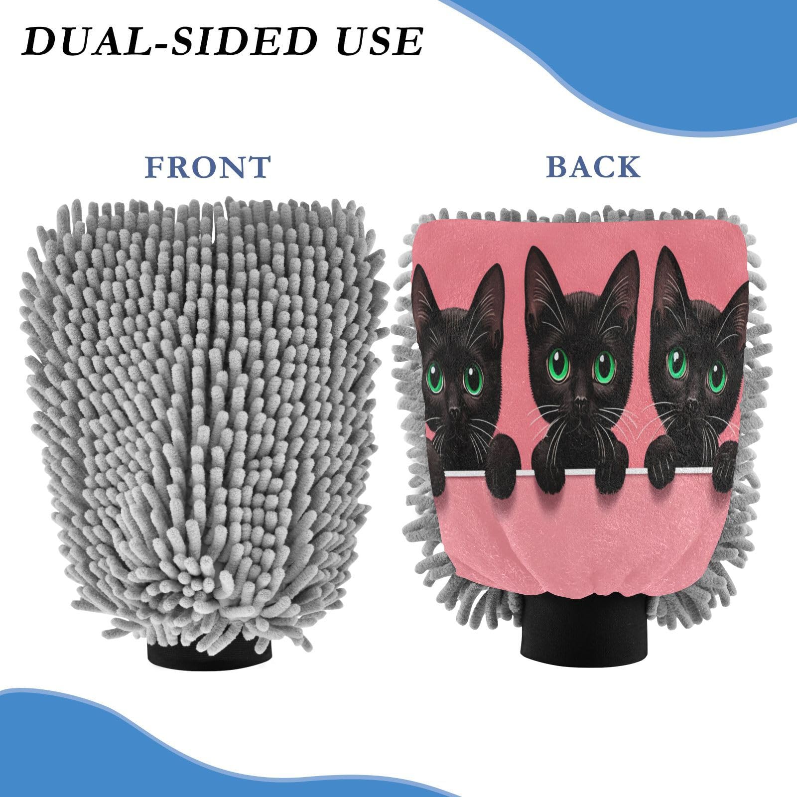 STAYTOP Three Black Cats Car Wash Mitt Microfiber, 2Pcs Scratch Free Lint-Free, Premium Chenille Microfiber Mitt Car Wash Brush-L