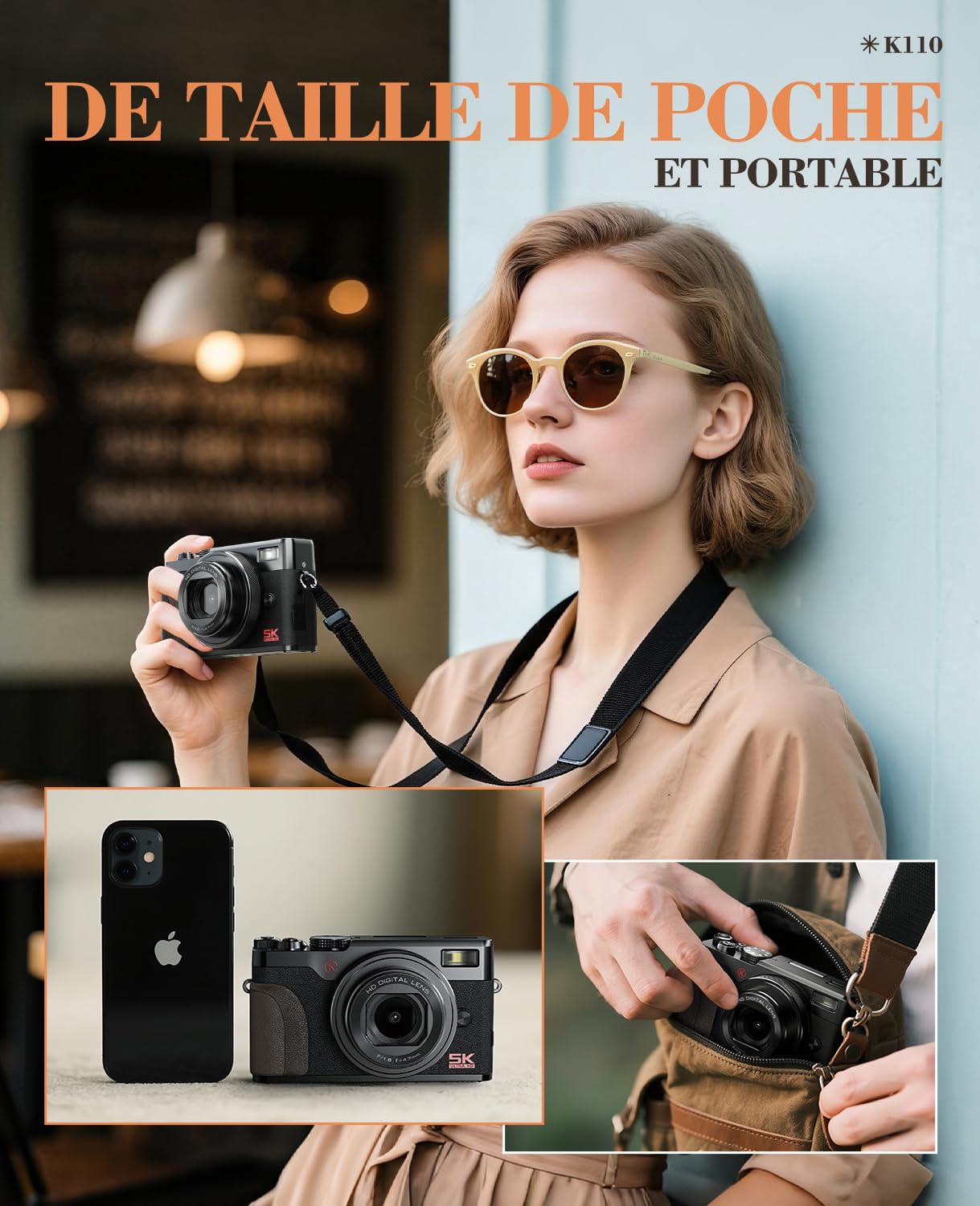 Appareil Photo Numérique 5K 64MP Autofocus Zoom 18x Écran IPS 3" Orientable 180° Carte 64GB 2 Batteries Noir