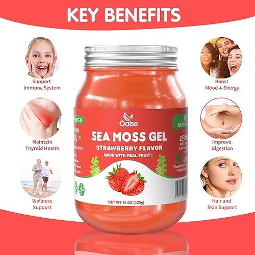 Miniatura 5 de OALSE Gel orgánico de musgo marino de 28 onzas con sabor a fresa, gel natural de masa marina con 92 minerales y vitaminas, sin OMG, sin gluten,