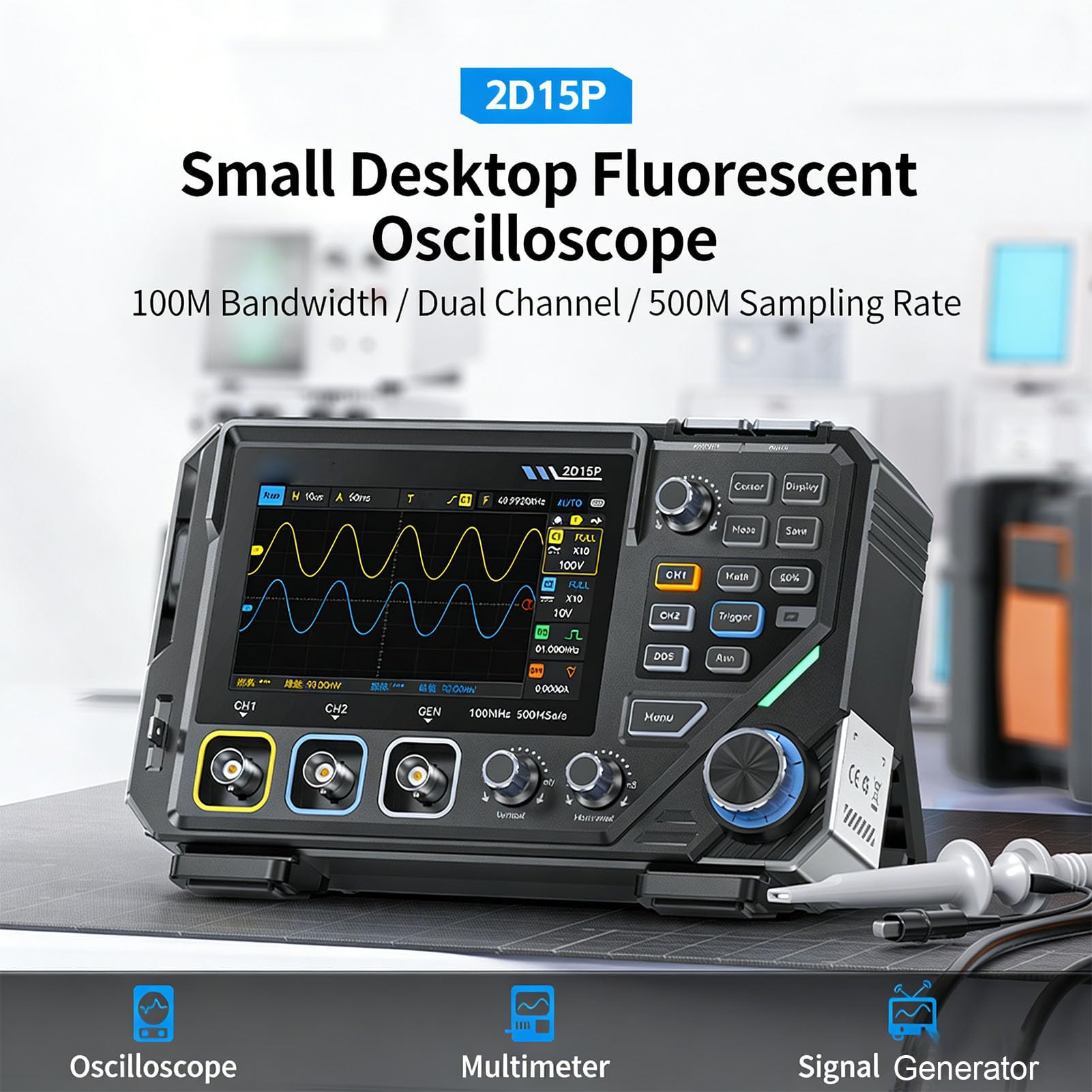 Osciloscopio Digital 100 MHz 3 en 1 con Multímetro y Generador DDS | Doble canal, 500 MSa/s, pantalla táctil IPS de 4,3 pulgadas y generador DDS de 10 MHz para análisis y diagnóstico.