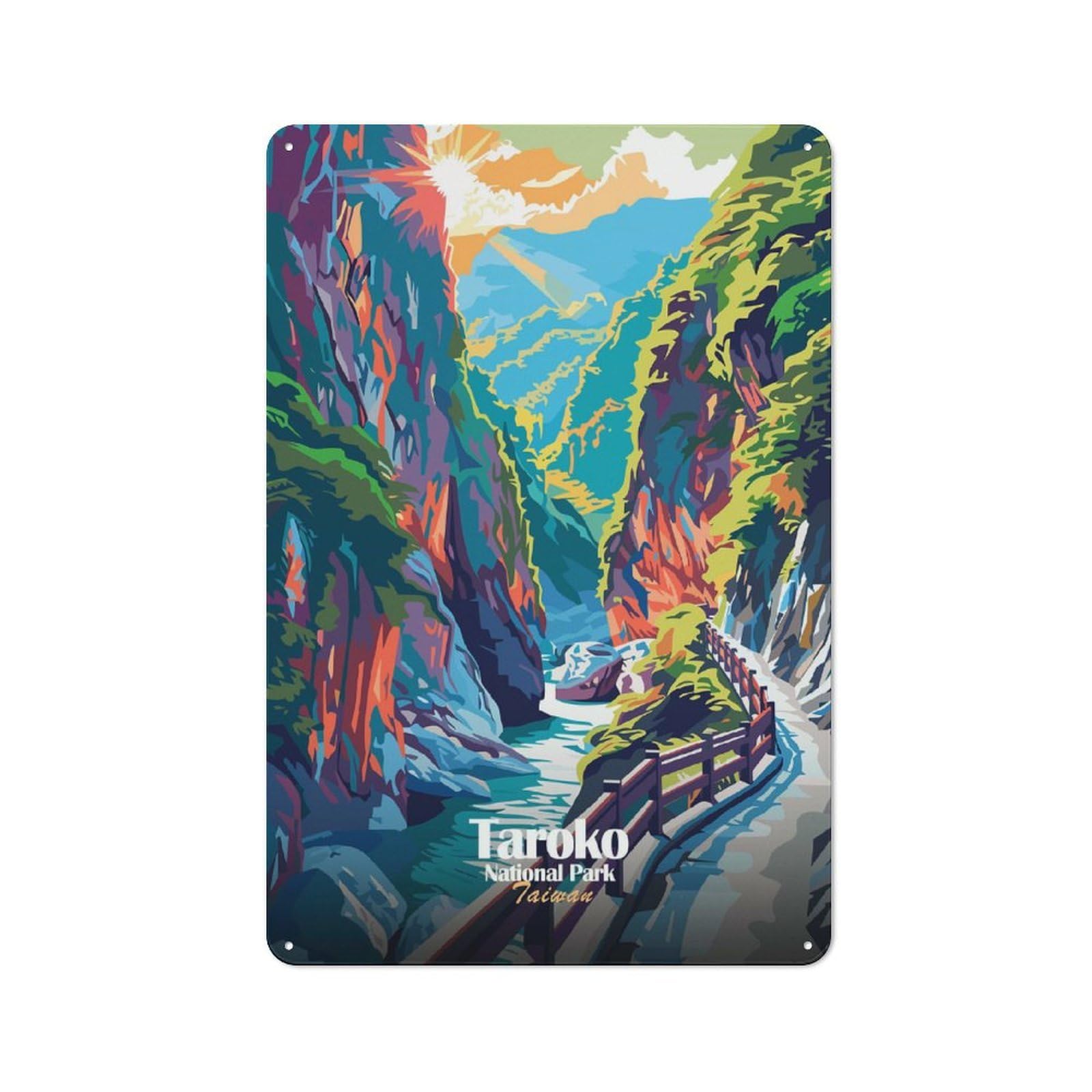 Junmoney Style-13 Taroko National Park Taiwan Illustration Vintage Metal Wall Decor 30X20cm, Vintage Metal Sign For Hallway, Home Bar, Garage Or Study