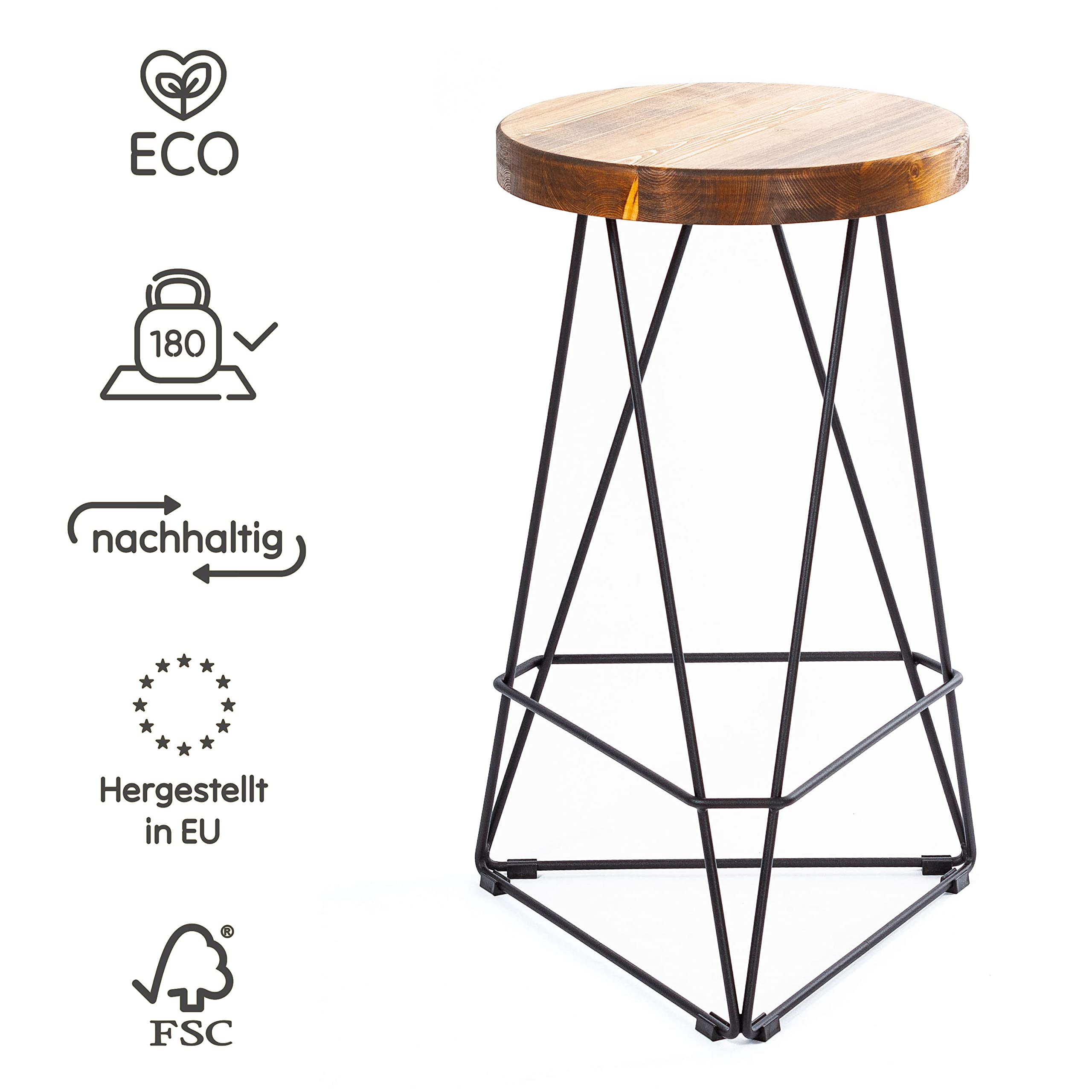 Sgabello da bar per bar di casa, sedia da bar, sedia da cucina, sgabello da bistrò, sgabello con poggiapiedi, sedia, nessun montaggio necessario, design industriale (a forma triangolare 64 cm di