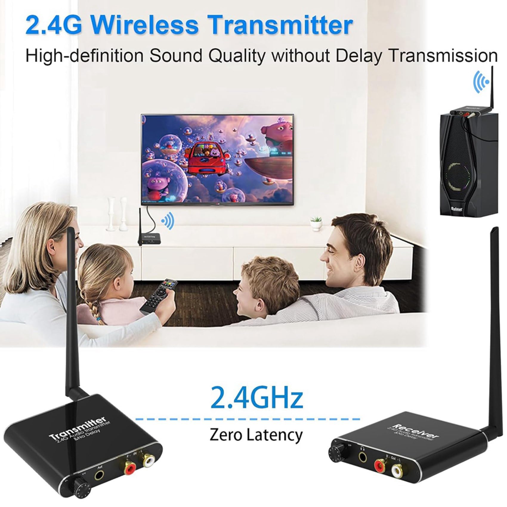 2X Adaptador de Audio Inalámbrico 2.4G Extensor de Audio Transmisor y Receptor de Audio Inalámbrico 50M Extensor de Audio LAN Divisor RX/TX