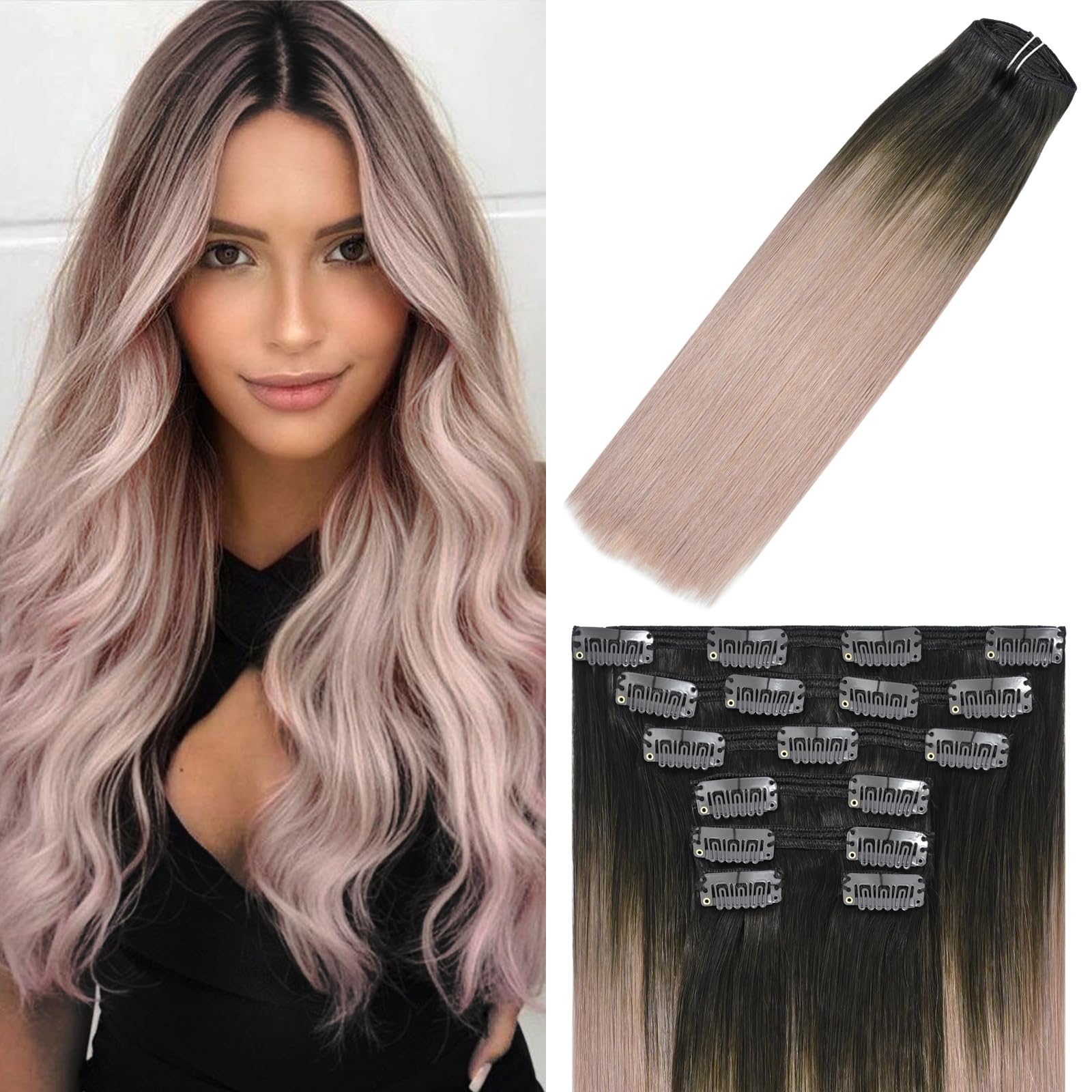 WindTouch Clip-in Hair Extensions Ombre Dark Brown to Pink, 18 inch,  120g, 7pcs Straight Real Human Hair