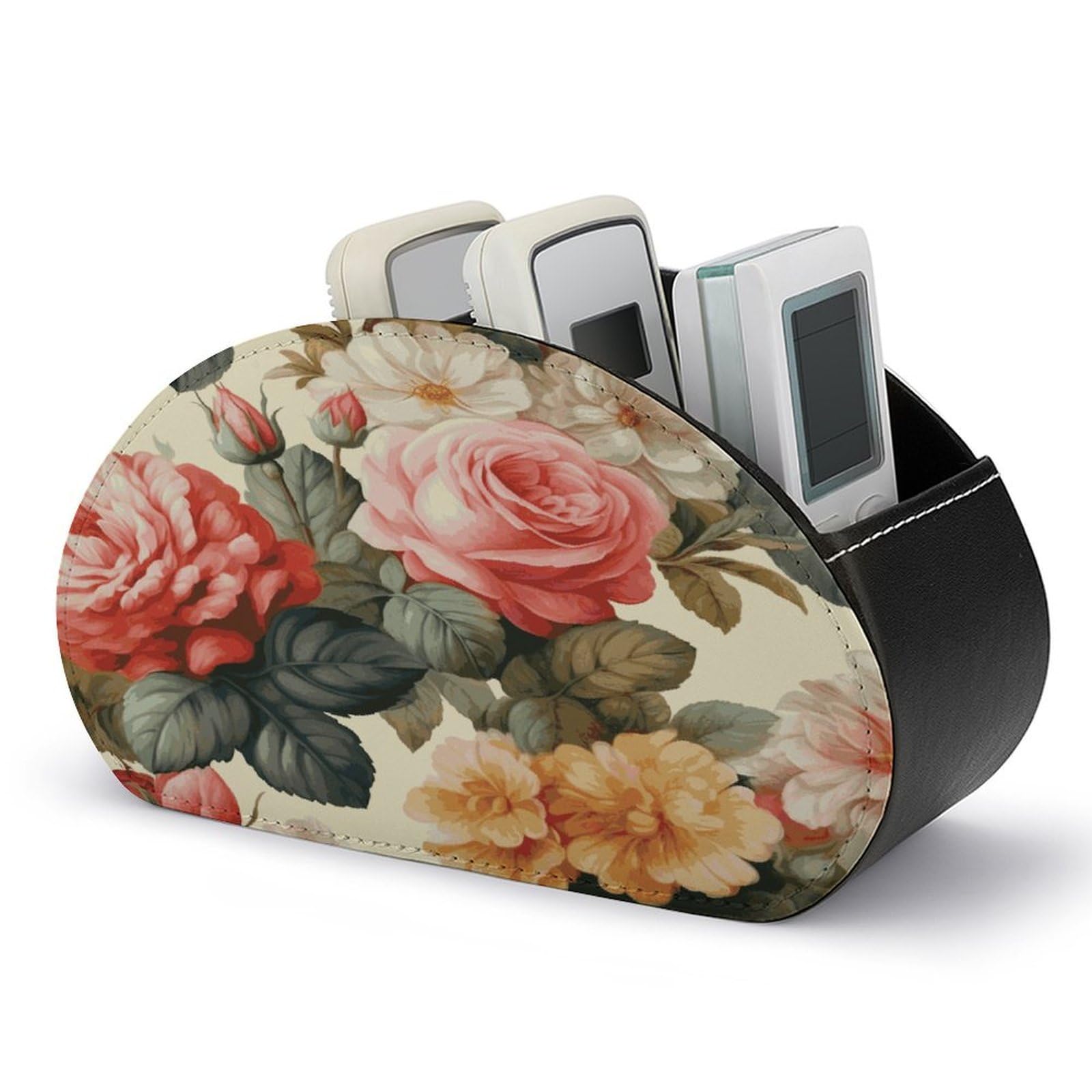 FekiLoot Vintage Floral Remote Control Holder, PU Leather Remote Control Organizer Box Stationery Remote Control Box Desk Storage Organizer for DVDs,Glasses,Pens,Media Players