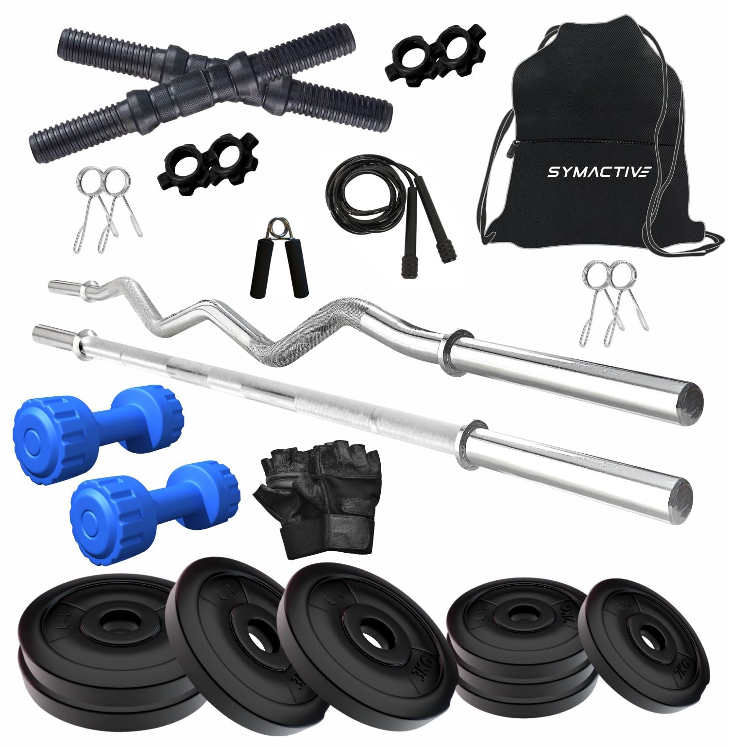 Amazon Brand Symactive 20 KG PVC Home Gym Fitness Kit | Dumbbells & Gym Bag (20 Kg Weight, 1 Kg x 2 Dumbbells, 3 Ft Plain Rod & Curl Rod, 2x14'' Rods, 4 Locks, Skipping Rope, Gloves, Gripper, Bag)